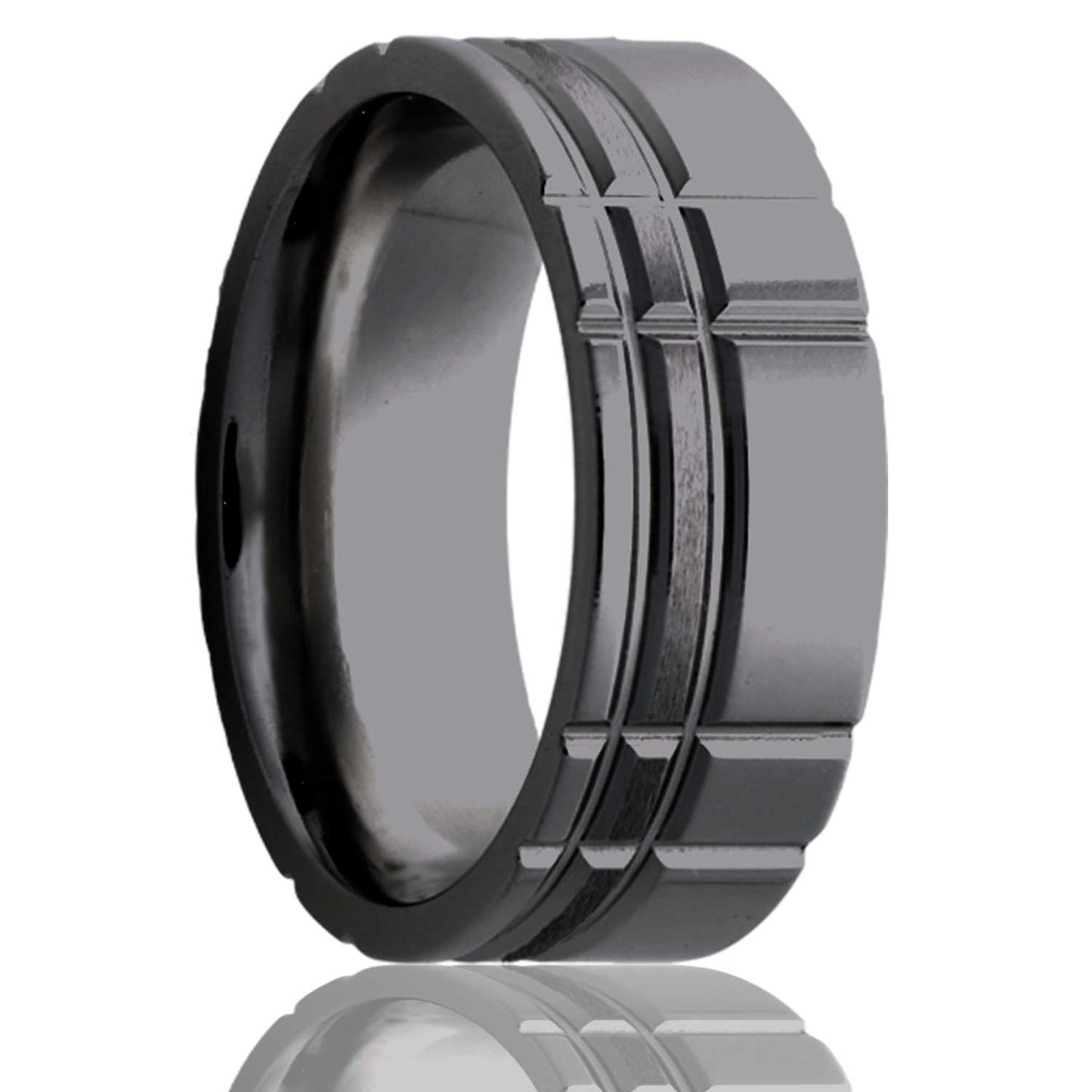 A asymmetrical intersecting grooves satin finish zirconium men's wedding band displayed on a neutral white background.