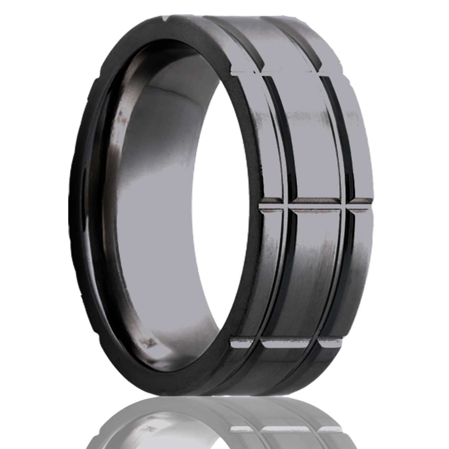 A intersecting groove pattern zirconium men's wedding band displayed on a neutral white background.