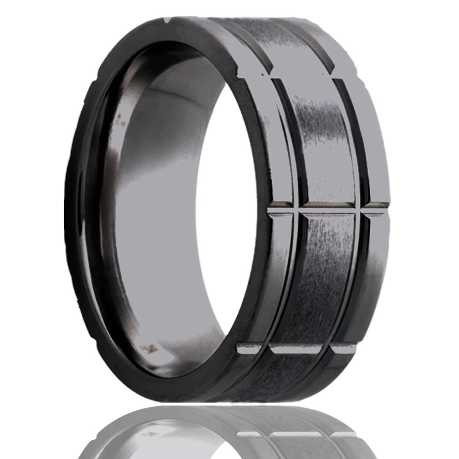A intersecting groove pattern satin finish zirconium men's wedding band displayed on a neutral white background.