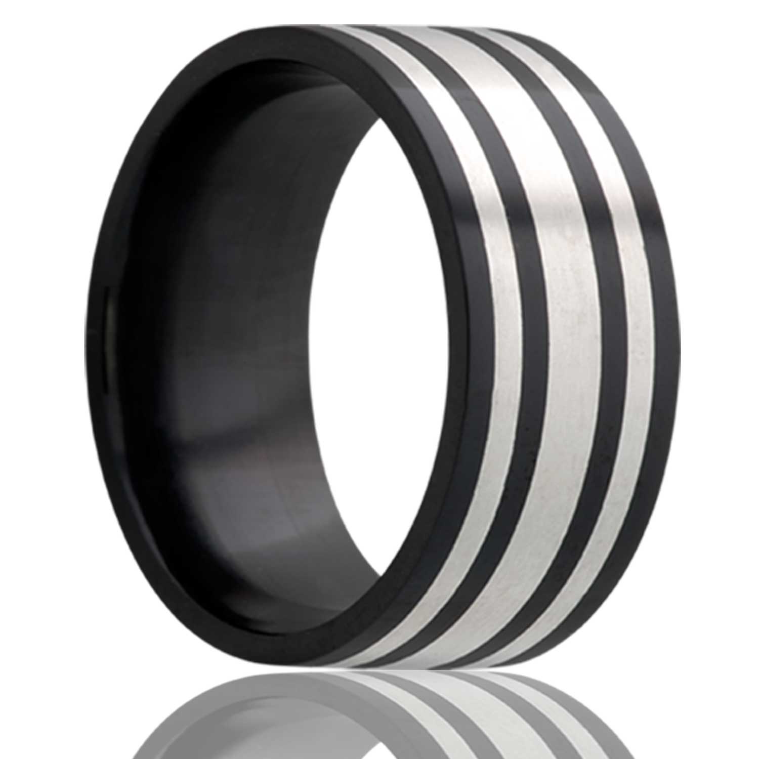 A triple argentium silver inlay zirconium men's wedding band displayed on a neutral white background.