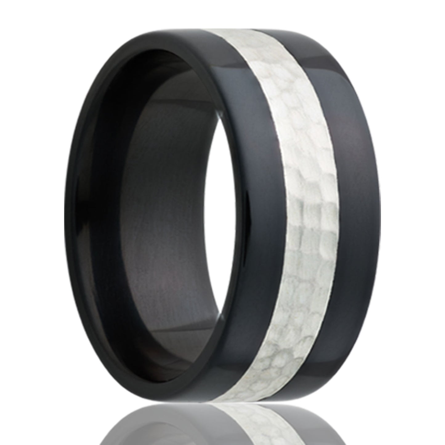A hammered sterling silver inlay zirconium men's wedding band displayed on a neutral white background.