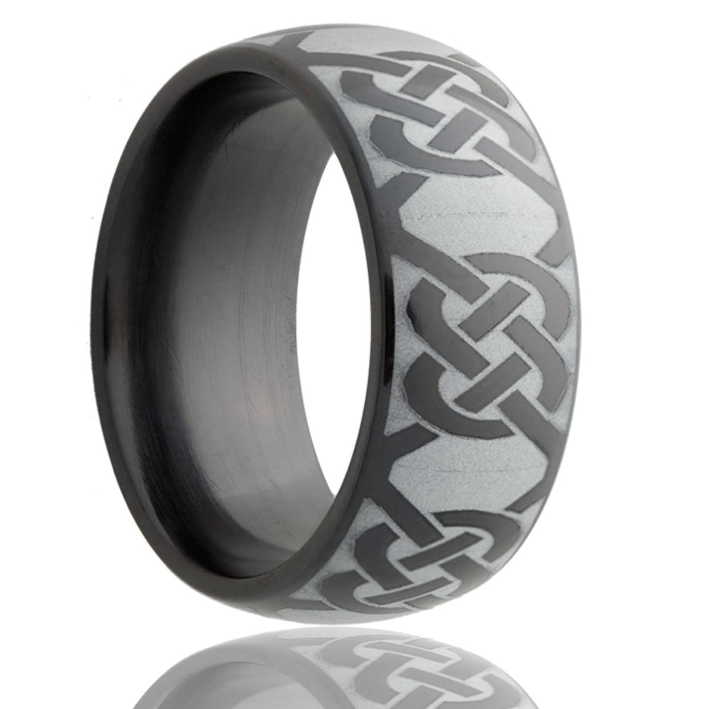 A eternity celtic knot domed zirconium wedding band displayed on a neutral white background.