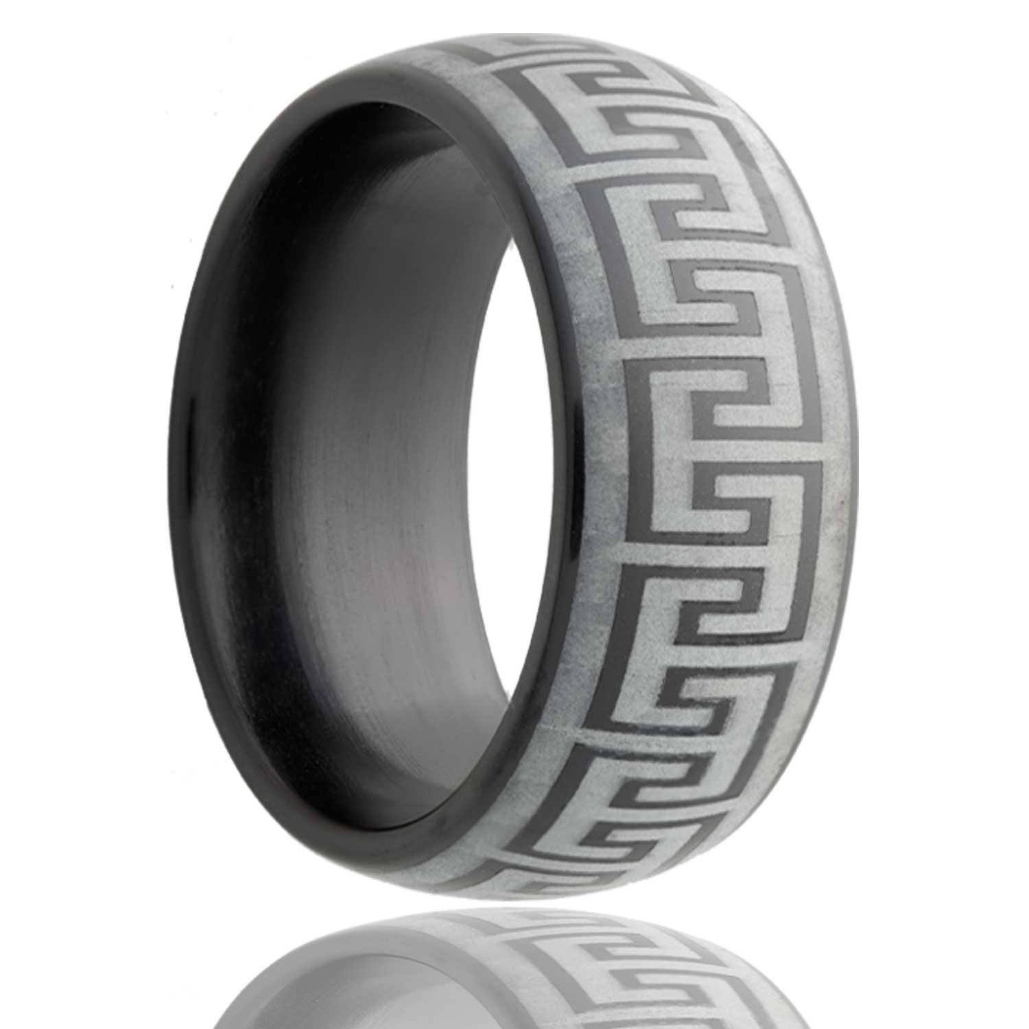 A greek key domed zirconium wedding band displayed on a neutral white background.