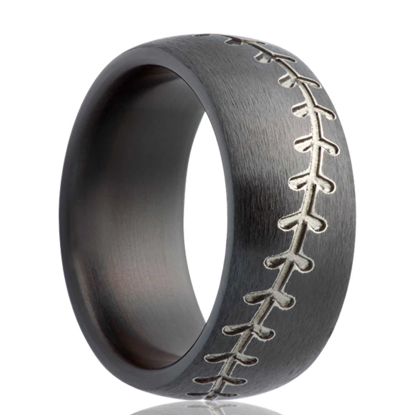 A basketball pattern domed zirconium men's wedding band displayed on a neutral white background.