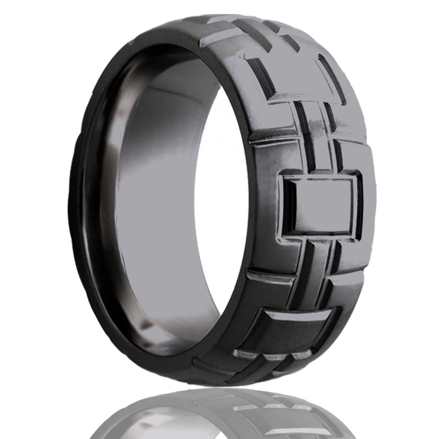 A geometric cube pattern domed zirconium men's wedding band displayed on a neutral white background.