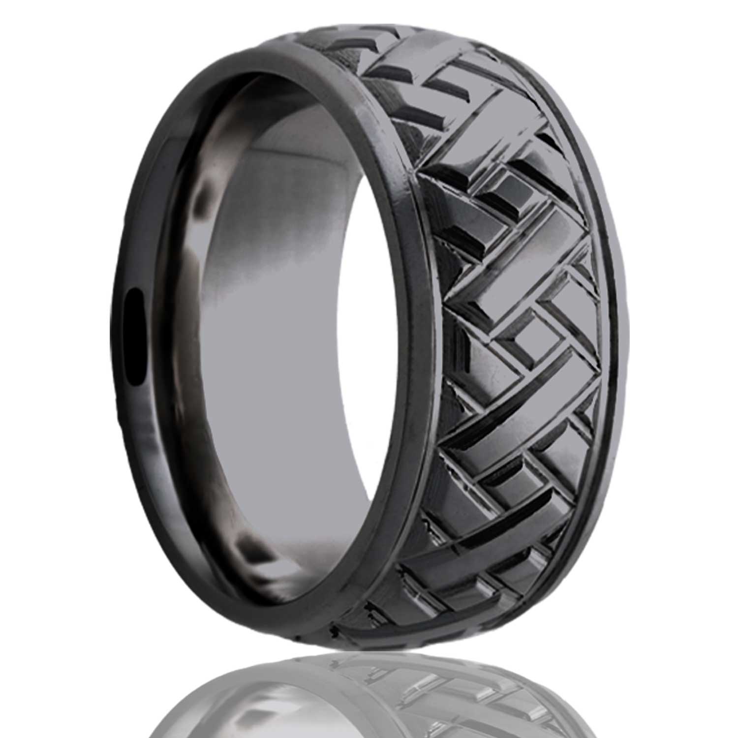 A grooved diagonal pattern domed zirconium men's wedding band displayed on a neutral white background.