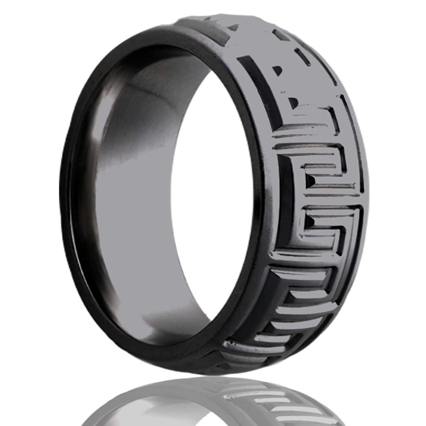 A greek key domed zirconium men's wedding band displayed on a neutral white background.