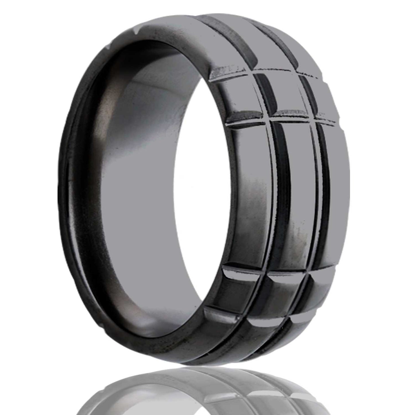 A intersecting grooves domed zirconium men's wedding band displayed on a neutral white background.