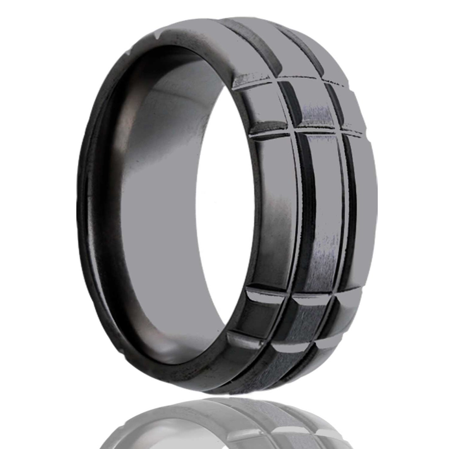 A intersecting grooves domed satin finish zirconium men's wedding band displayed on a neutral white background.
