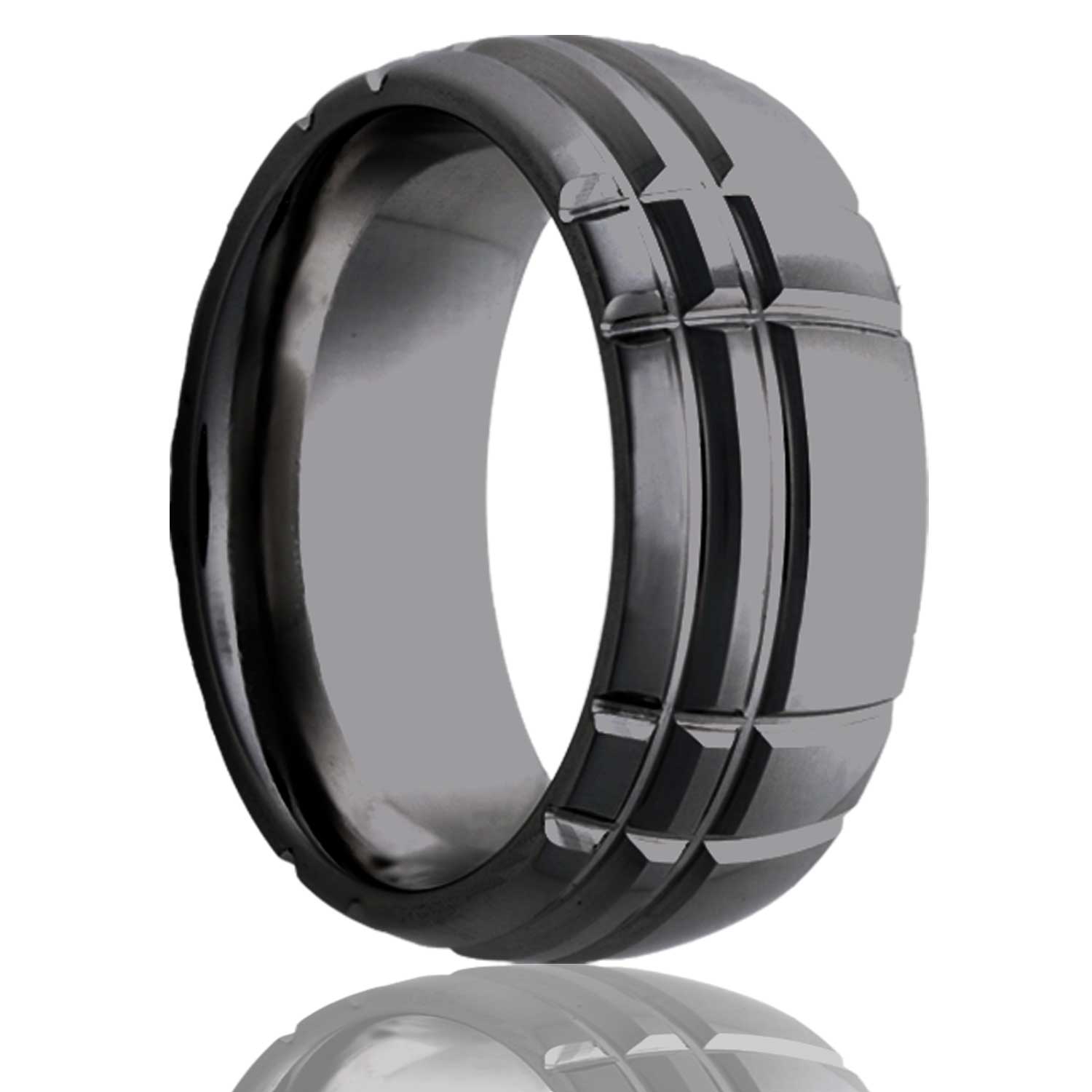 A asymmetrical intersecting grooves domed zirconium men's wedding band displayed on a neutral white background.