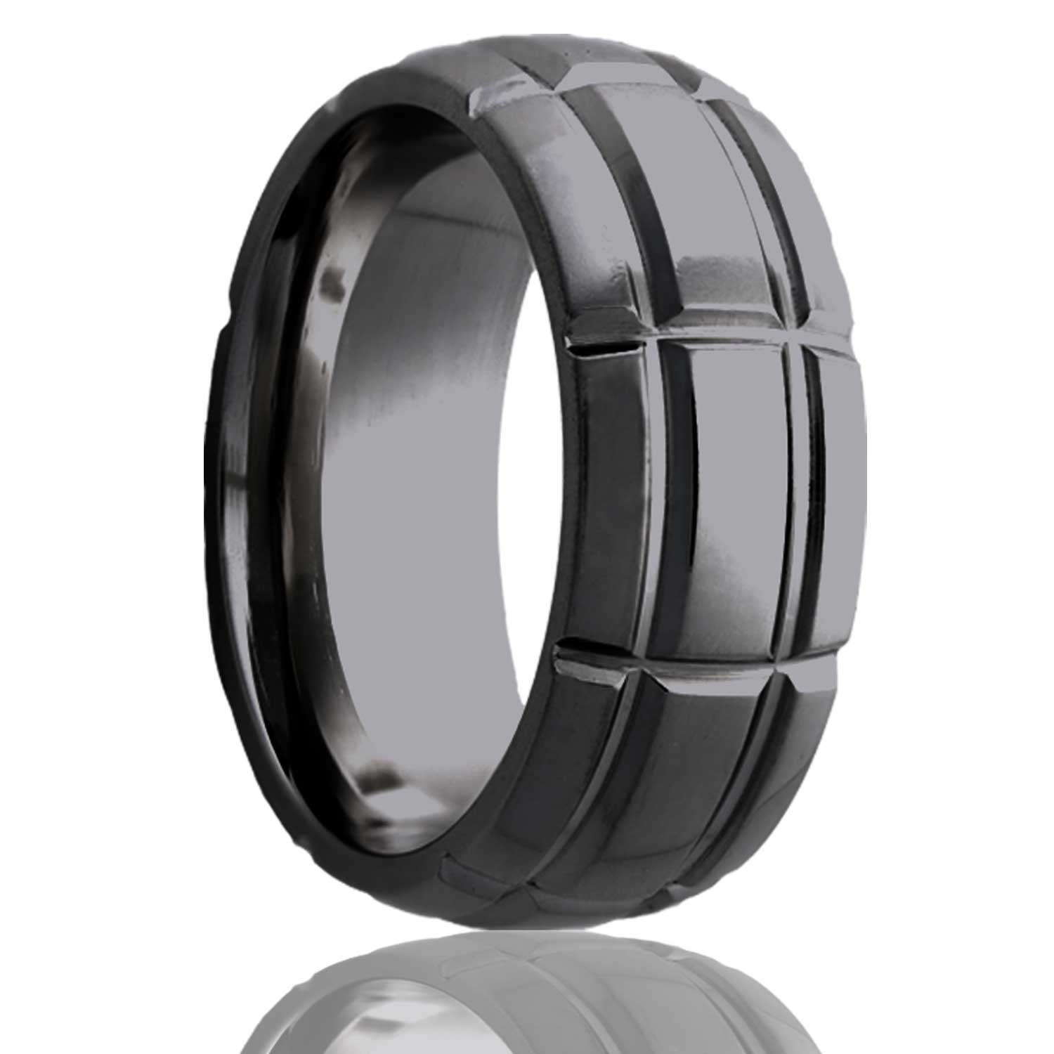 A intersecting groove pattern domed zirconium men's wedding band displayed on a neutral white background.