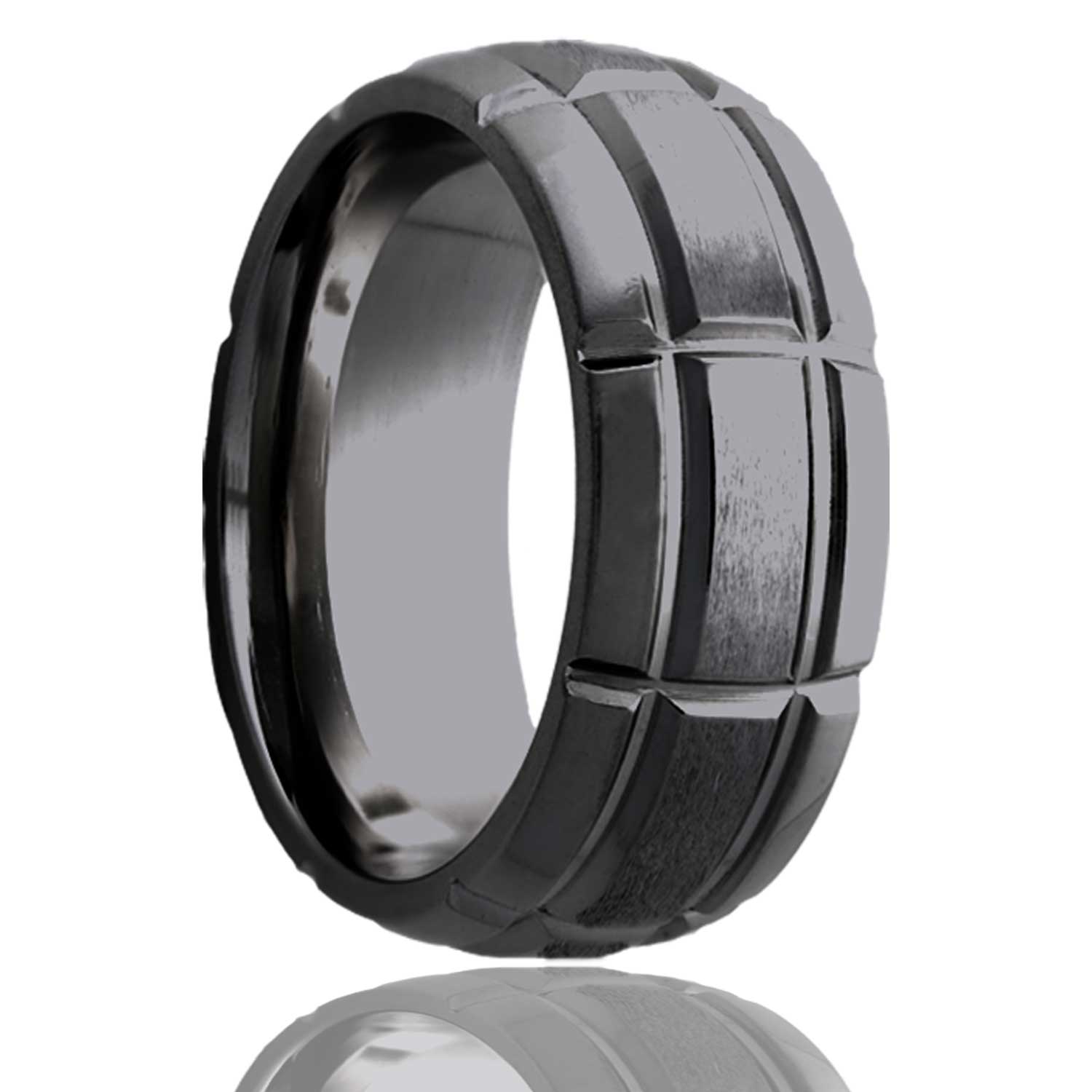 A intersecting groove pattern domed satin finish zirconium men's wedding band displayed on a neutral white background.