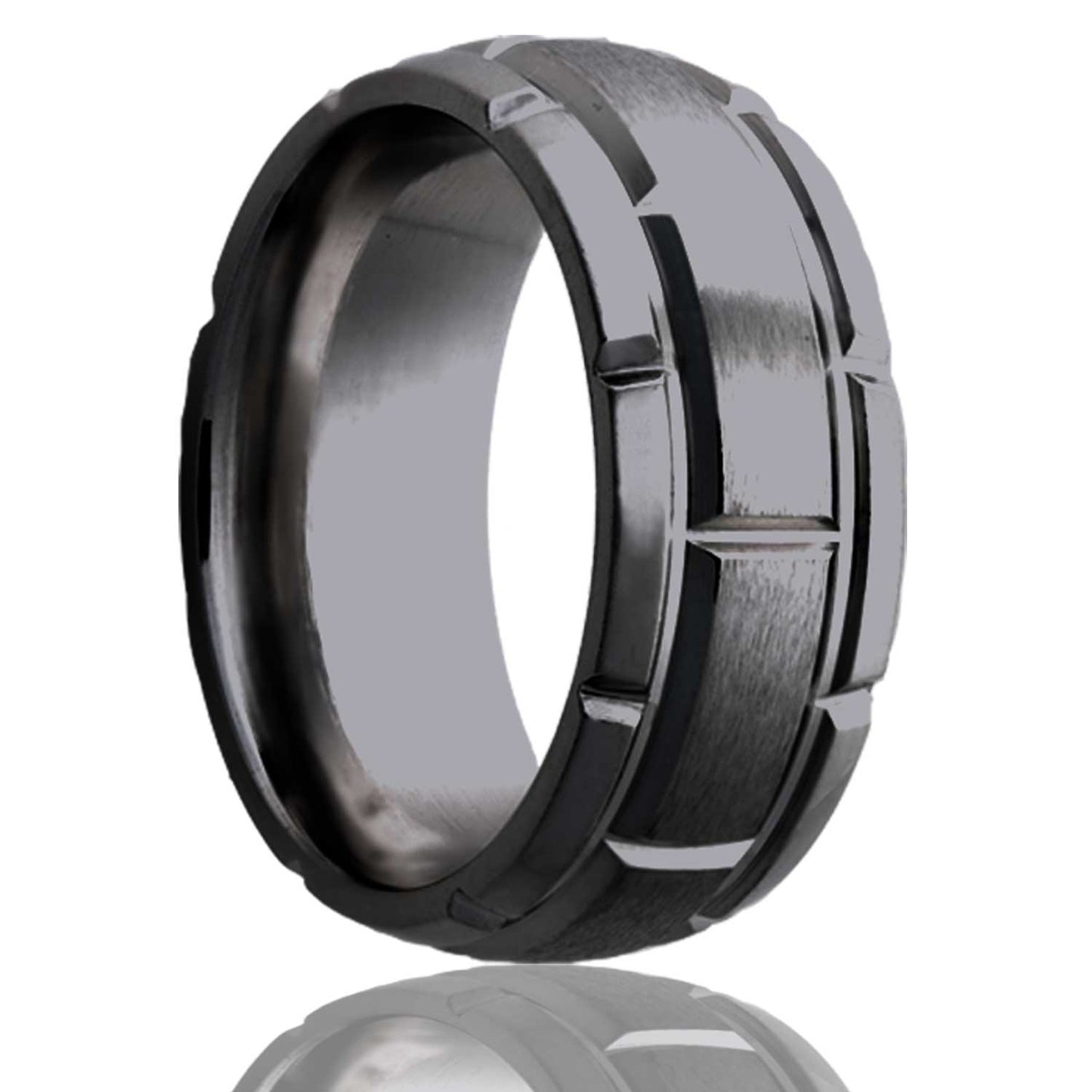 A brick pattern domed satin finish zirconium men's wedding band displayed on a neutral white background.