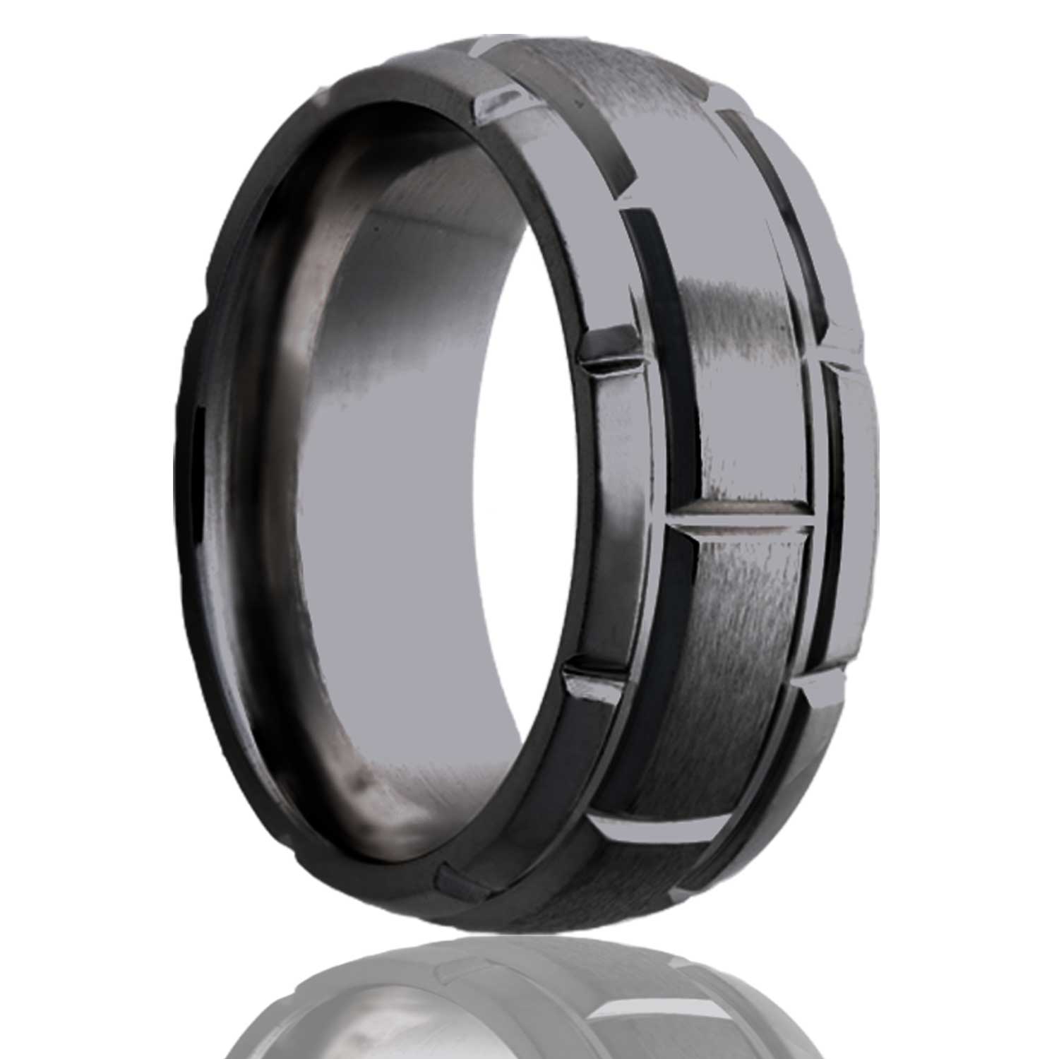 A brick pattern domed satin finish zirconium men's wedding band displayed on a neutral white background.