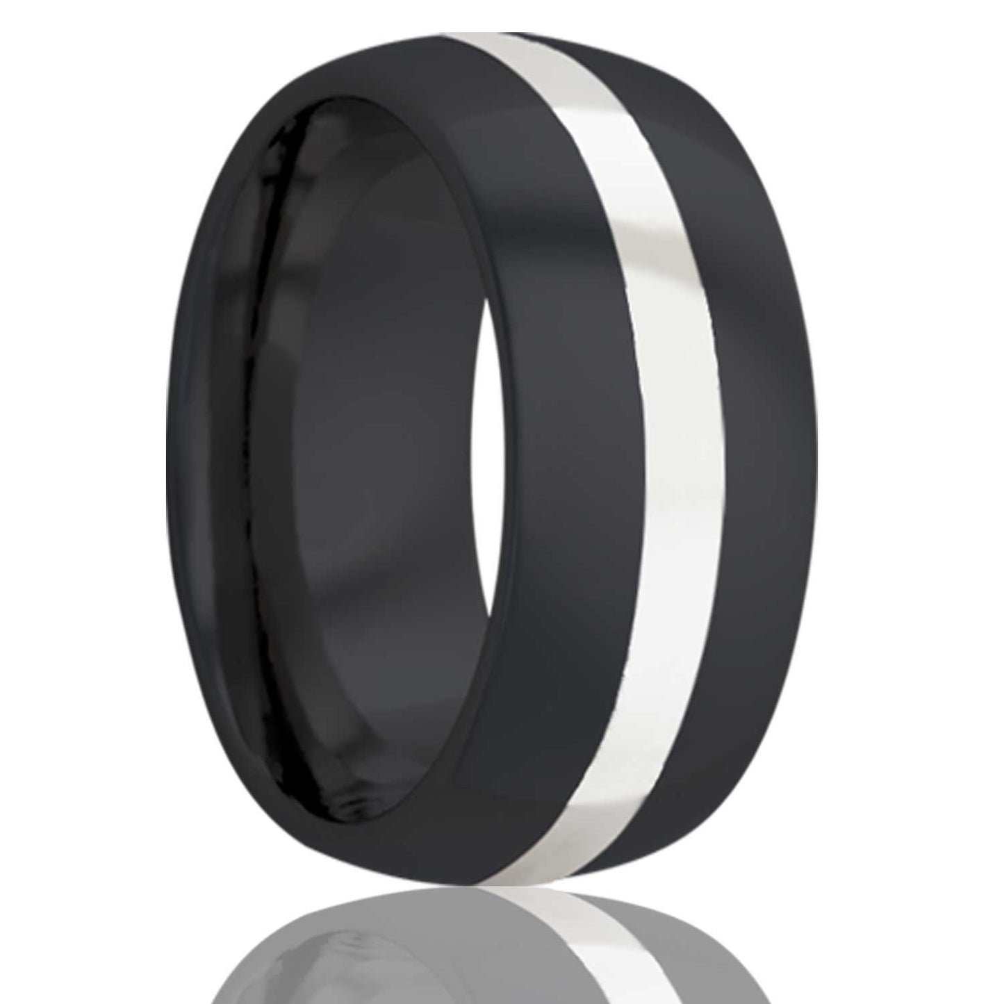 A argentium silver inlay domed zirconium wedding band displayed on a neutral white background.