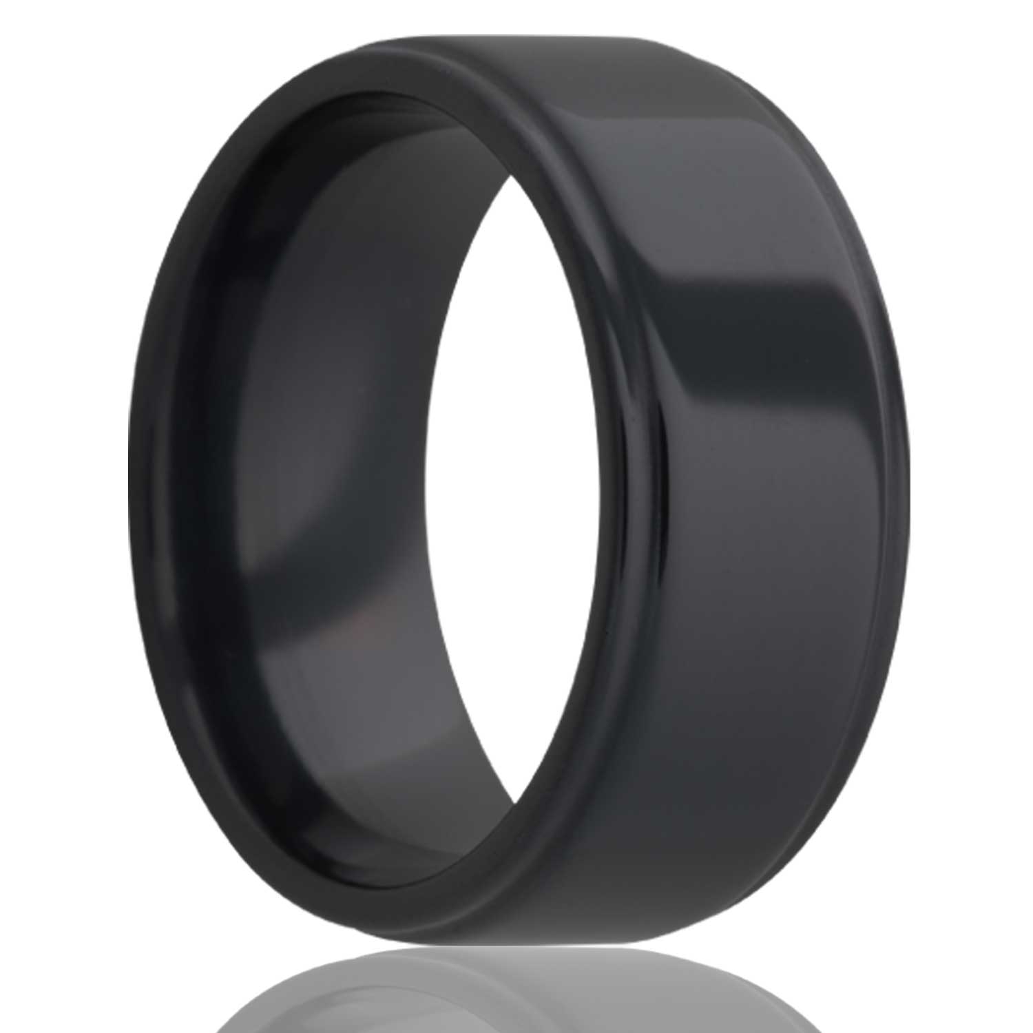 A zirconium wedding band with stepped edges displayed on a neutral white background.