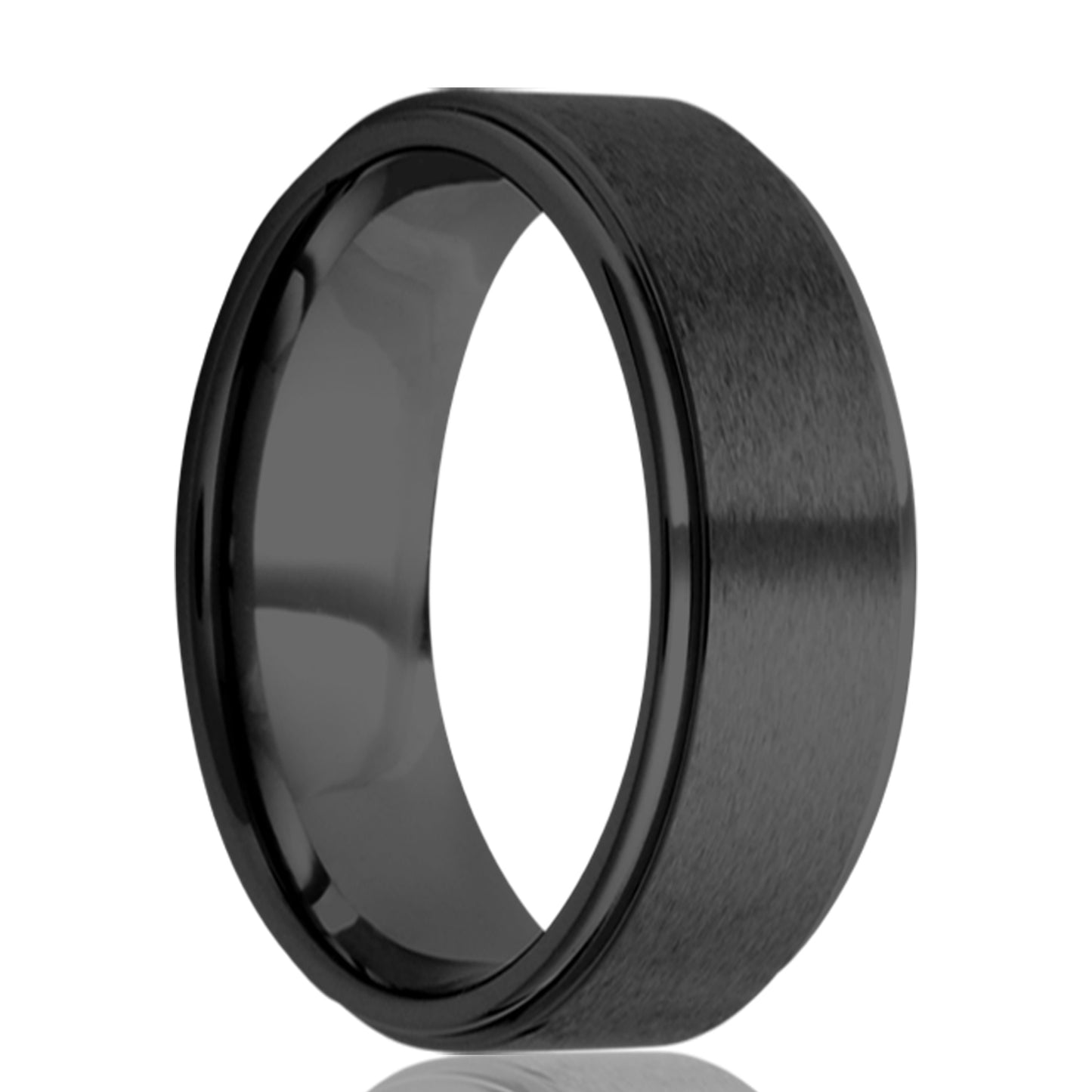 A satin finish zirconium wedding band with stepped edges displayed on a neutral white background.