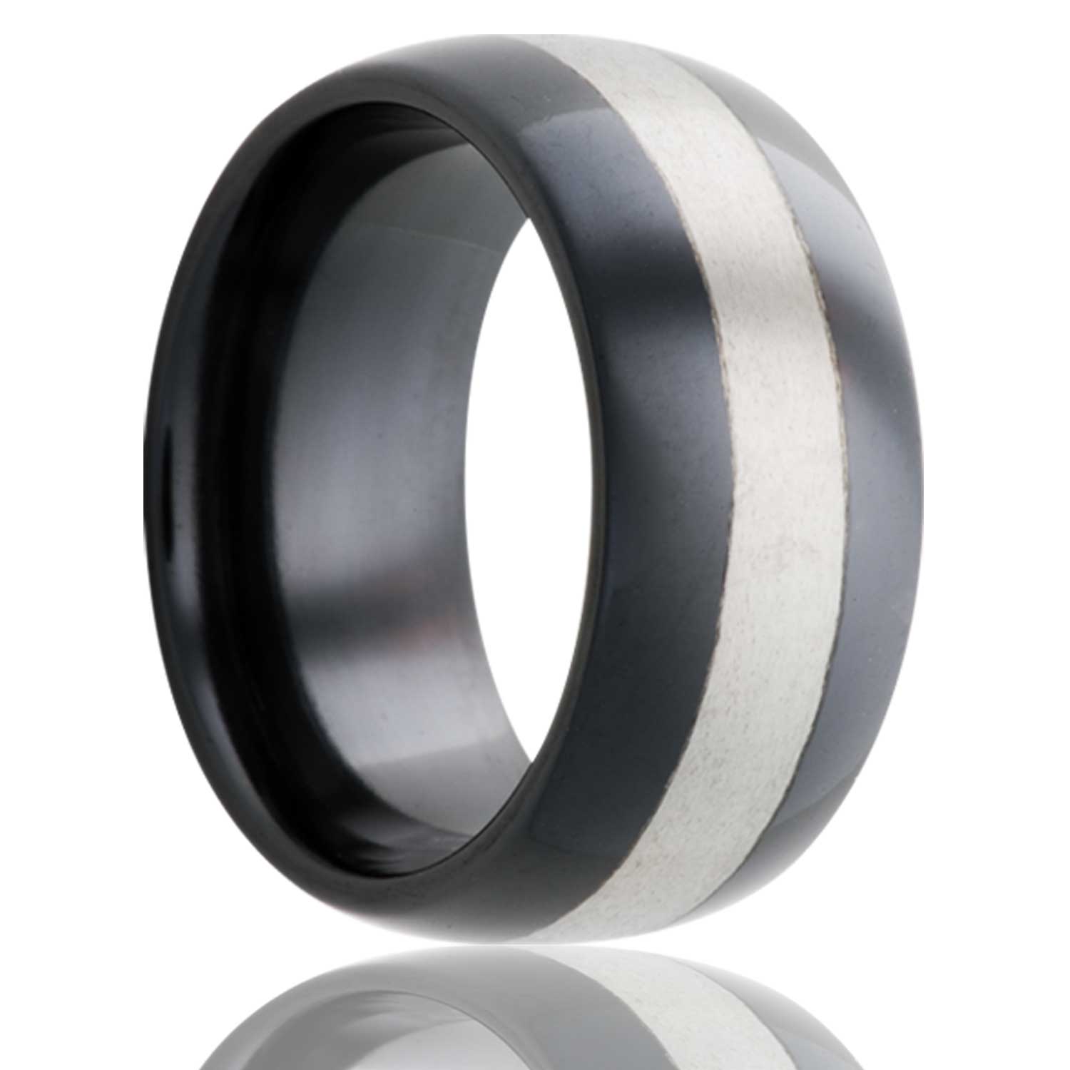 A domed satin finish zirconium wedding band with polished stripe displayed on a neutral white background.