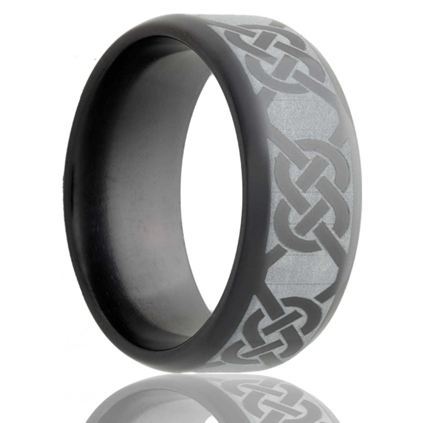 A eternity celtic knot zirconium wedding band with beveled edges displayed on a neutral white background.