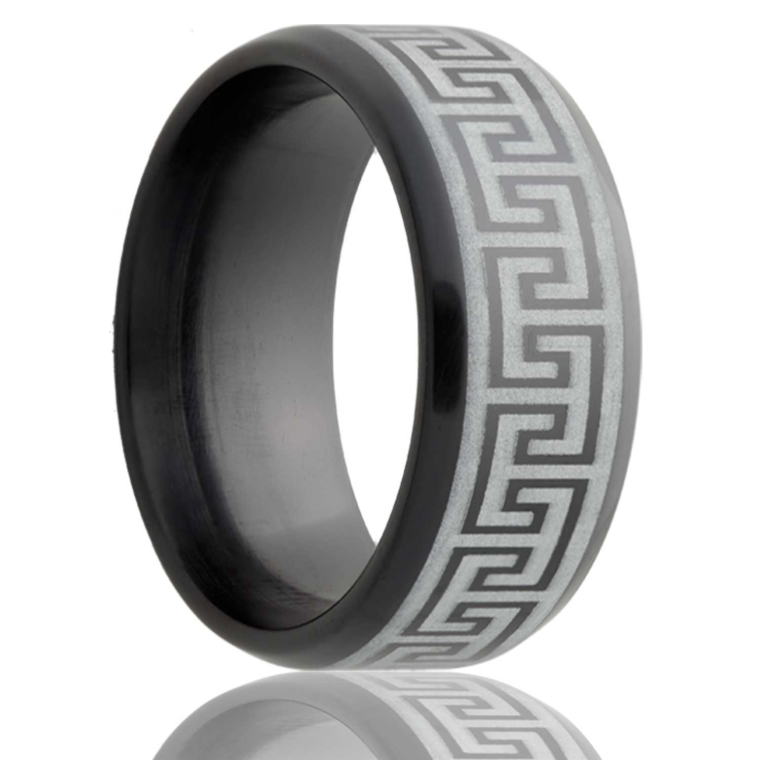 A greek key zirconium wedding band with beveled edges displayed on a neutral white background.