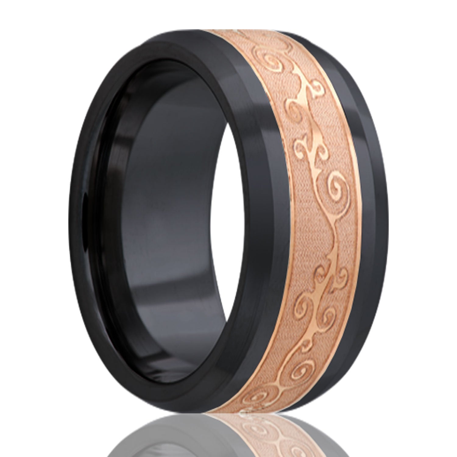 A scroll pattern copper inlay zirconium wedding band with beveled edges displayed on a neutral white background.