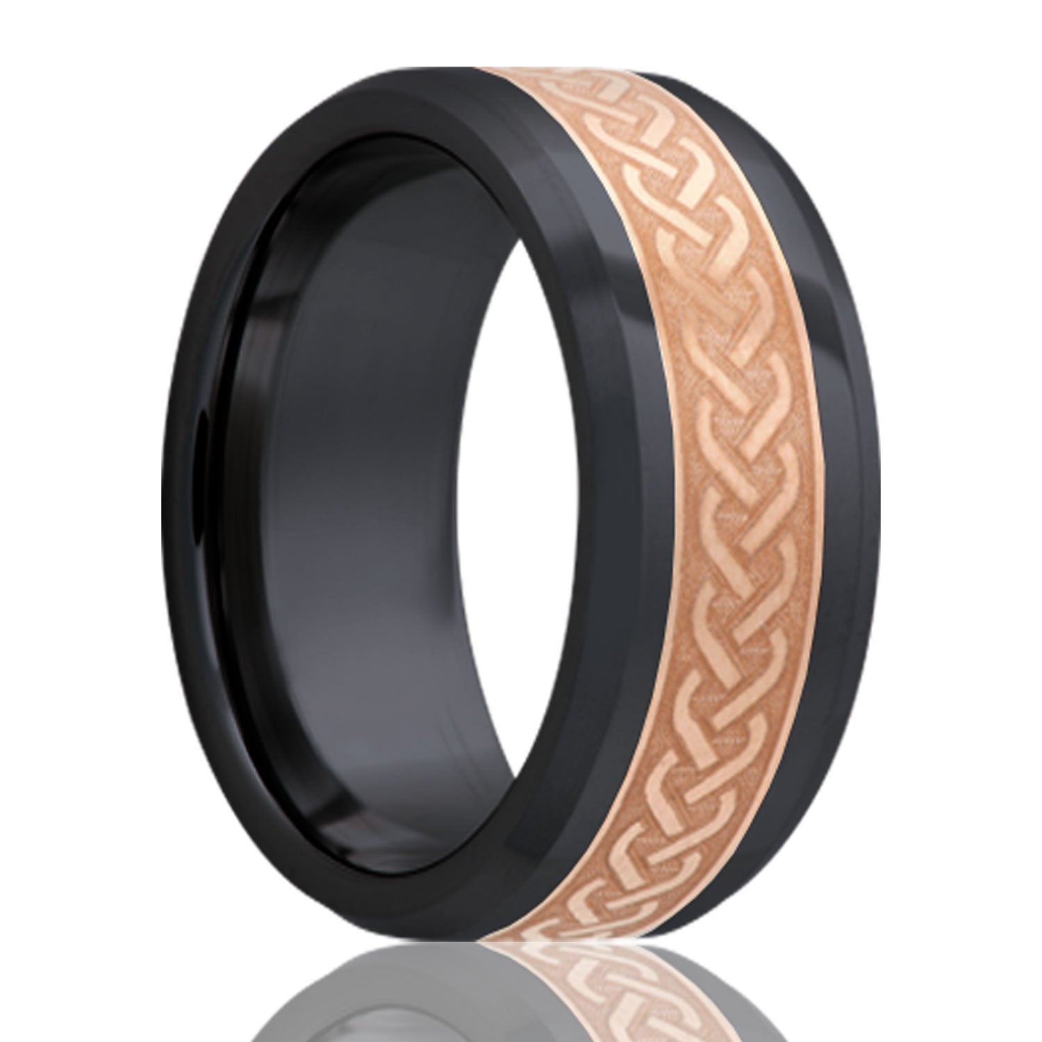 A celtic pattern copper inlay zirconium wedding band with beveled edges displayed on a neutral white background.