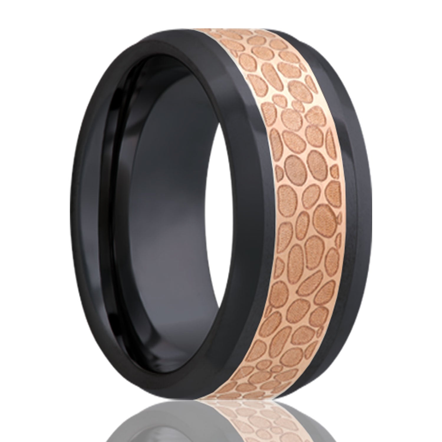 A copper inlay zirconium wedding band with beveled edges displayed on a neutral white background.