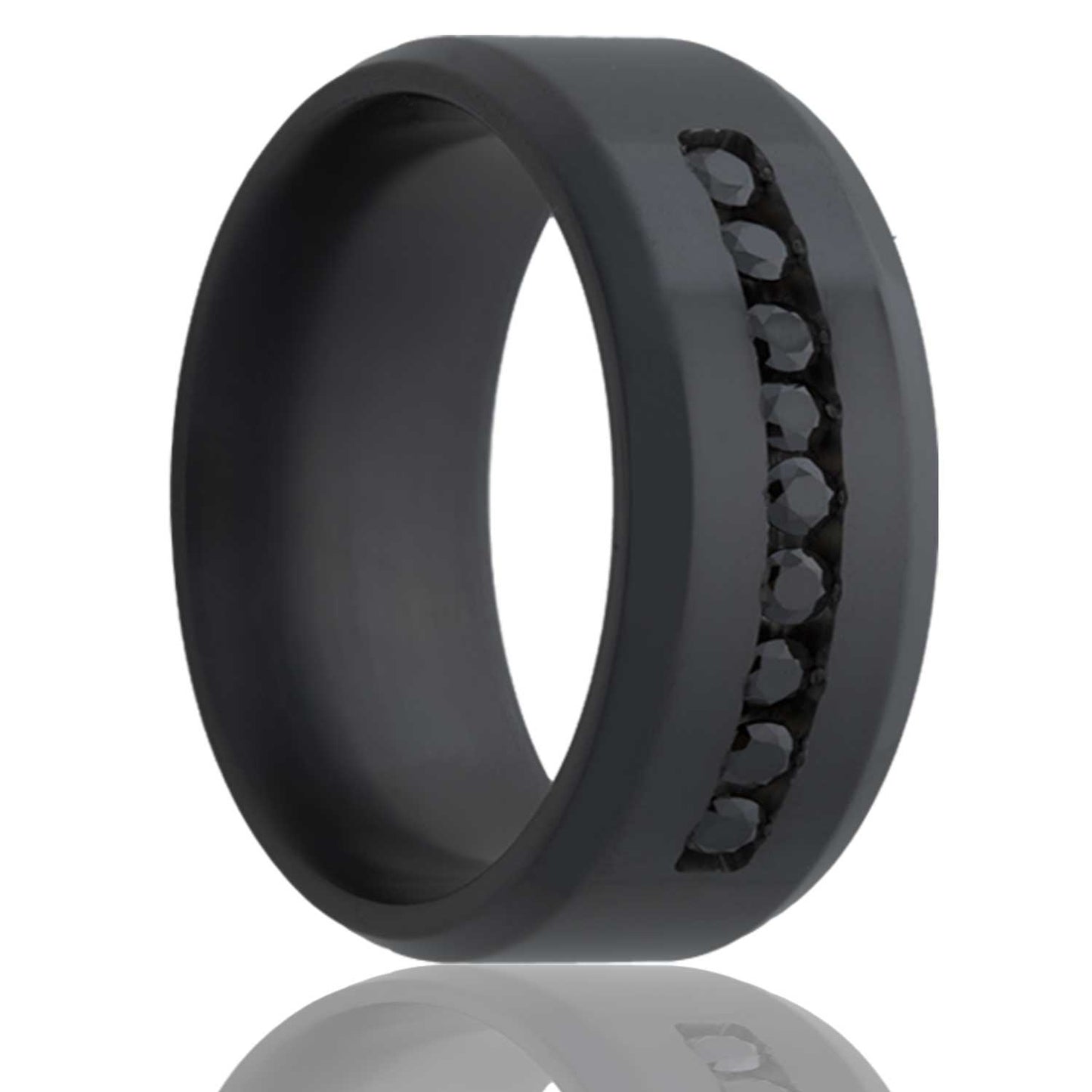 A zirconium men's wedding band with beveled edges & nine black diamonds displayed on a neutral white background.