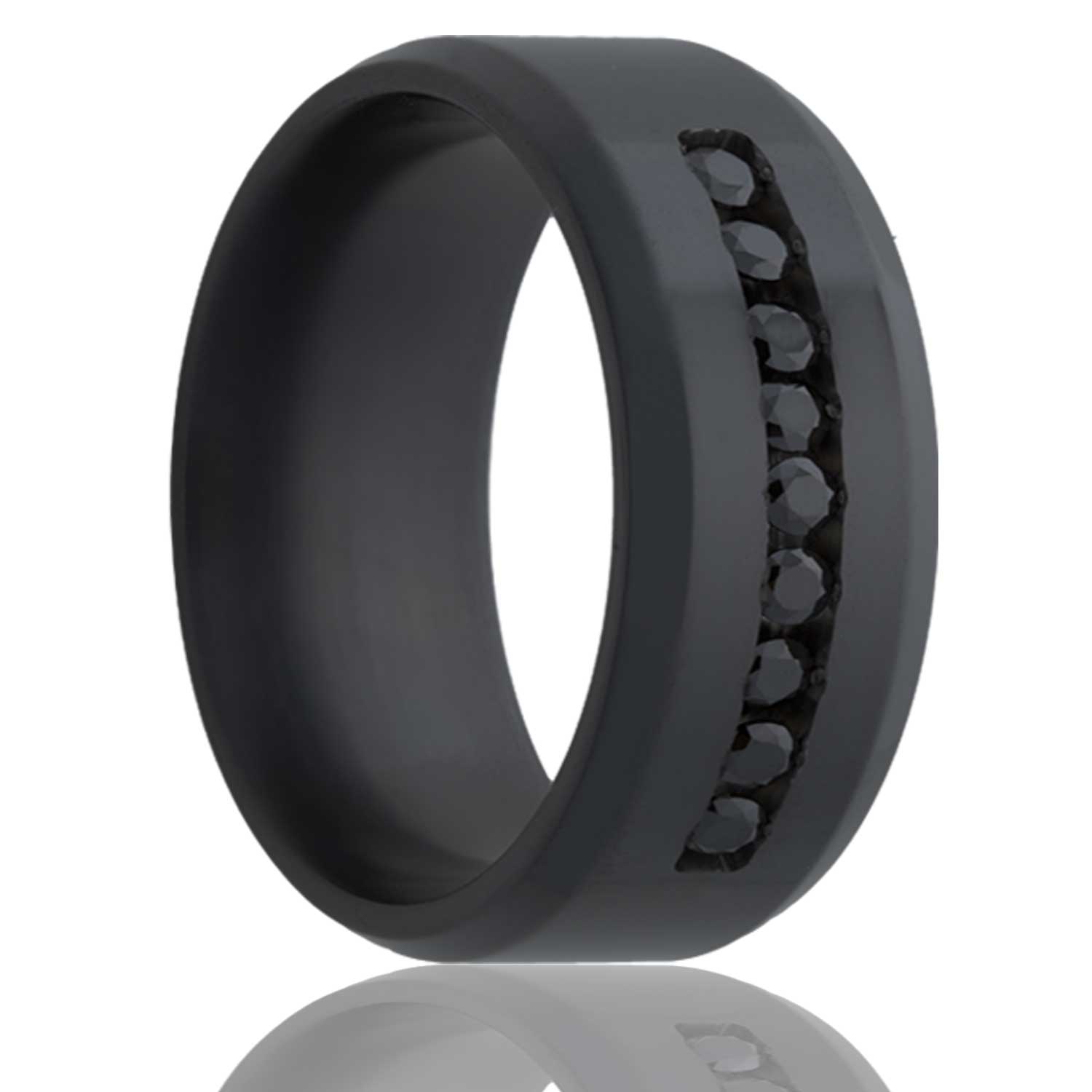 A zirconium men's wedding band with beveled edges & nine black diamonds displayed on a neutral white background.
