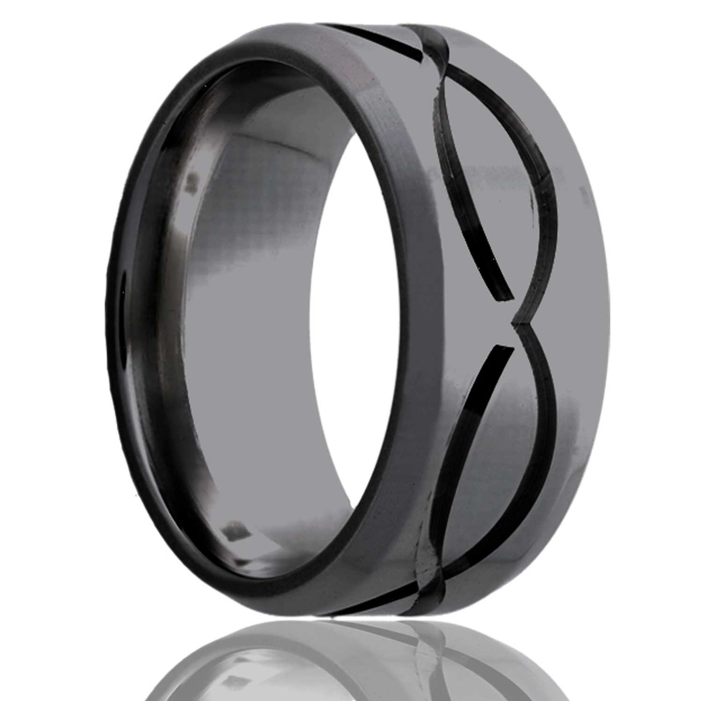A infinity waves zirconium men's wedding band with beveled edges displayed on a neutral white background.