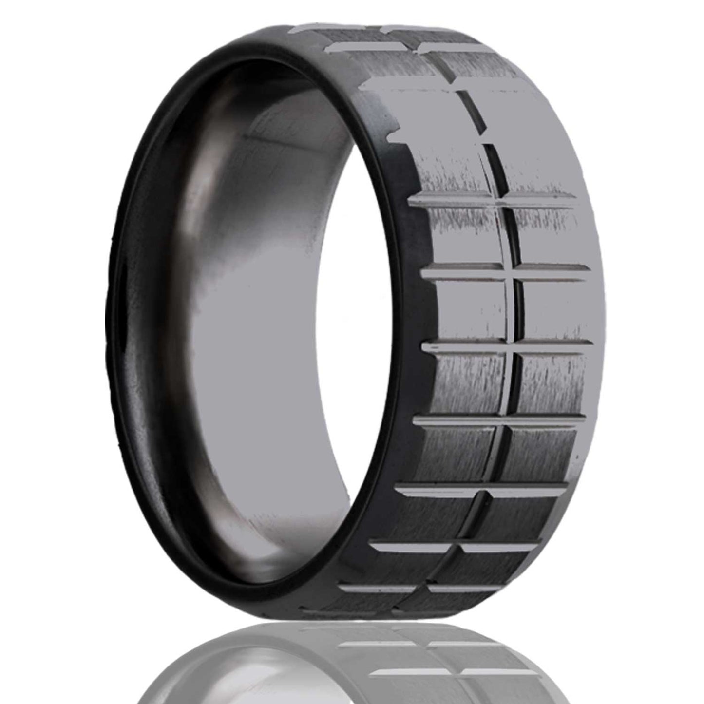 A check pattern satin finish zirconium men's wedding band with beveled edges displayed on a neutral white background.