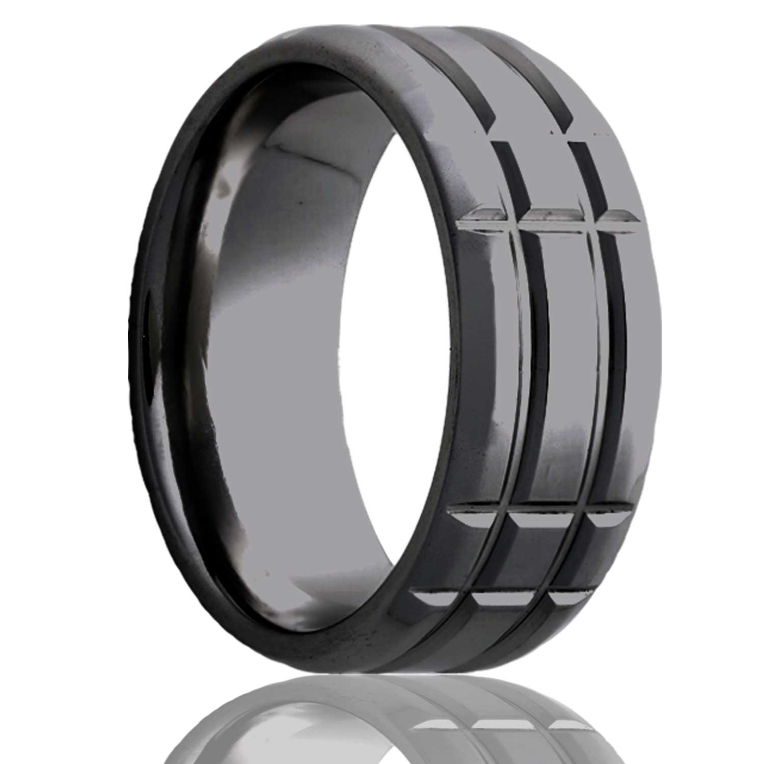A intersecting grooves zirconium men's wedding band with beveled edges displayed on a neutral white background.