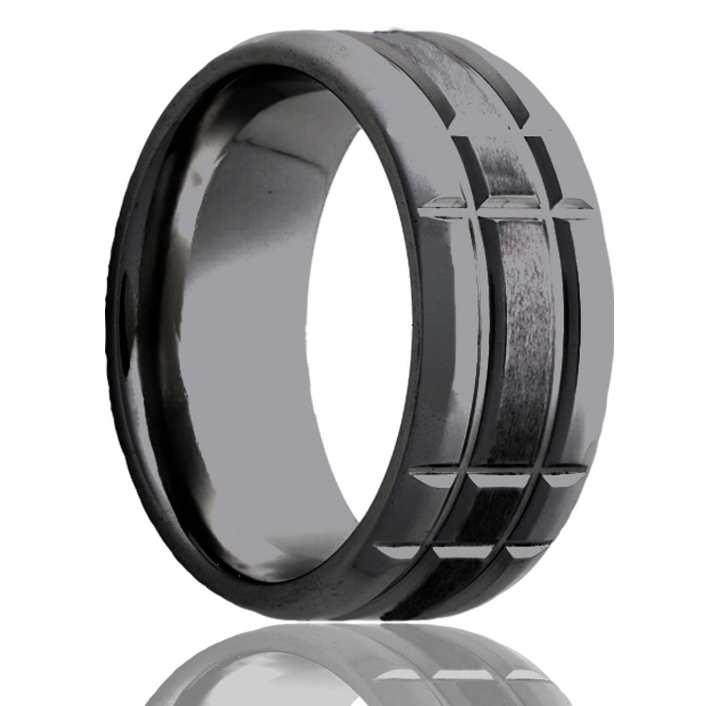 A intersecting grooves satin finish zirconium men's wedding band with beveled edges displayed on a neutral white background.