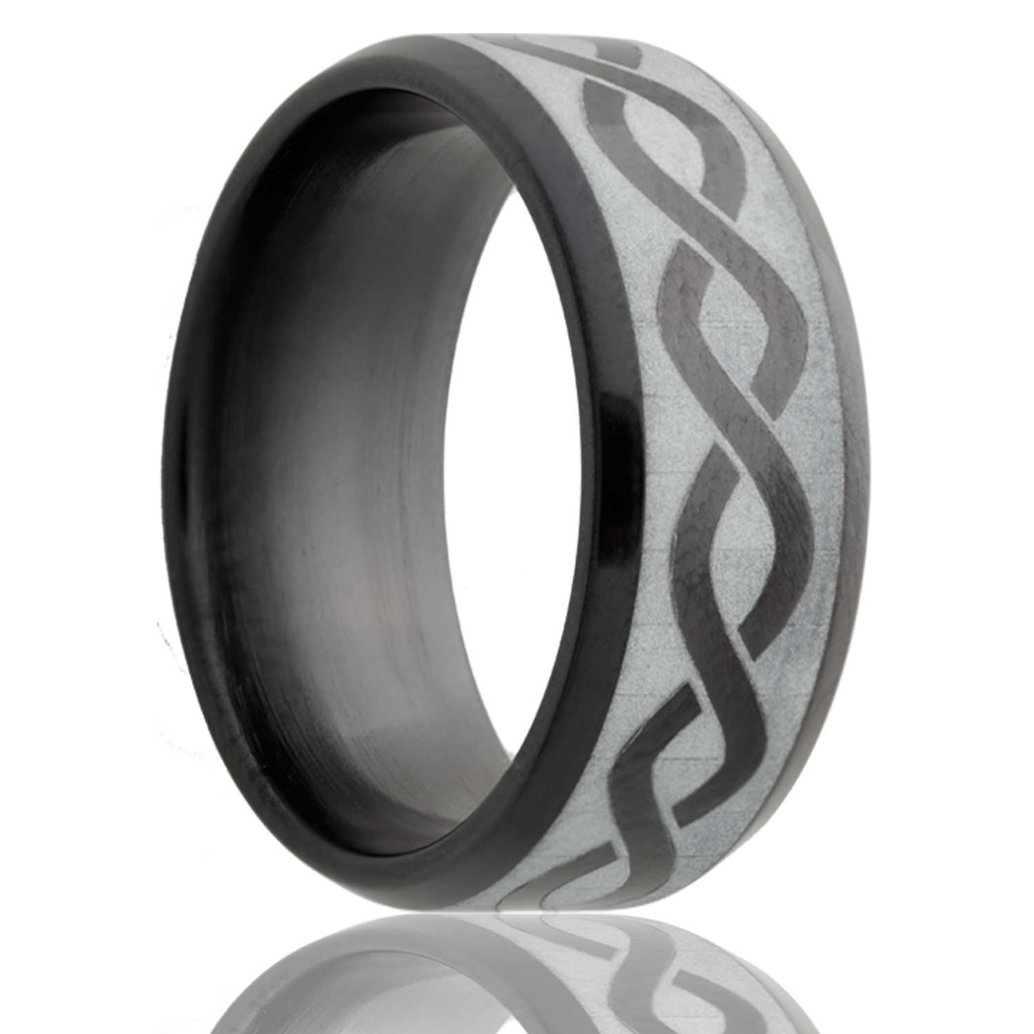 A infinity waves zirconium wedding band with beveled edges displayed on a neutral white background.