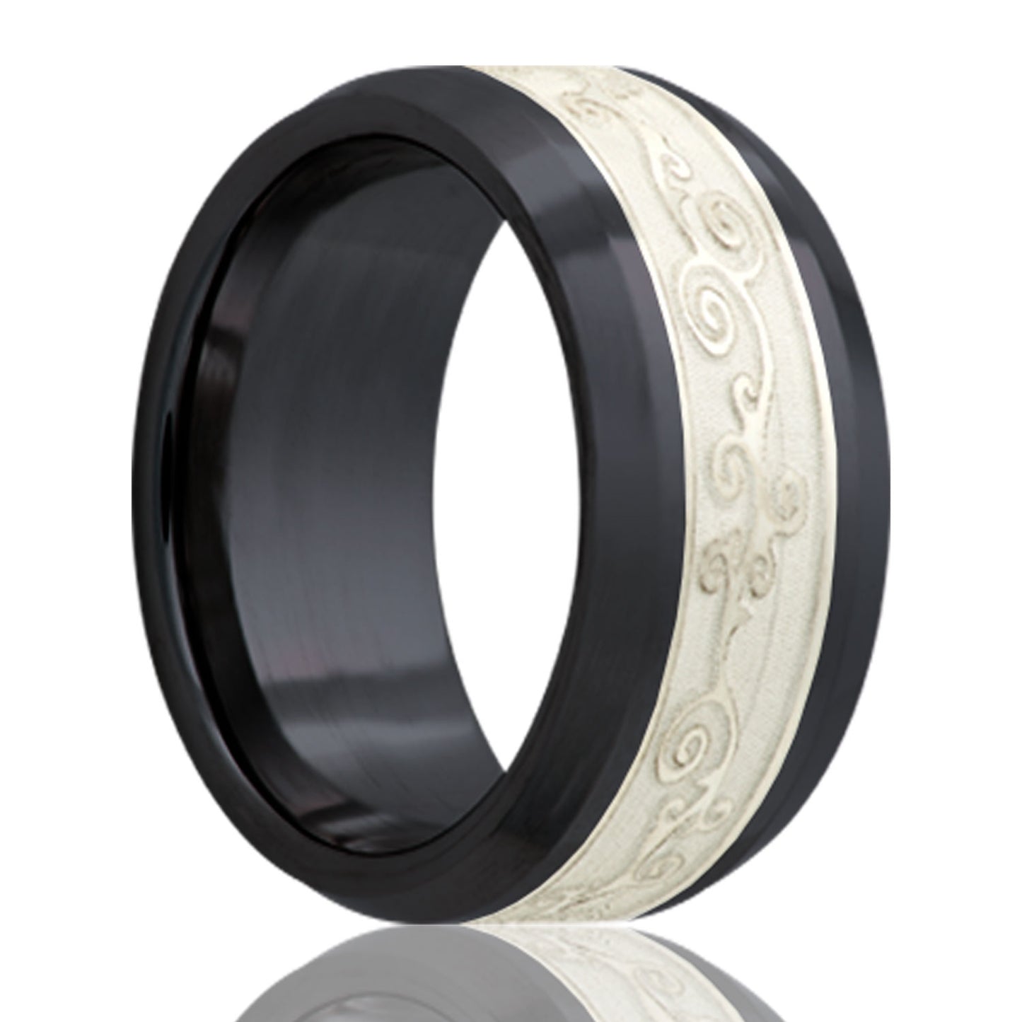 A scroll pattern silver inlay zirconium wedding band with beveled edges displayed on a neutral white background.