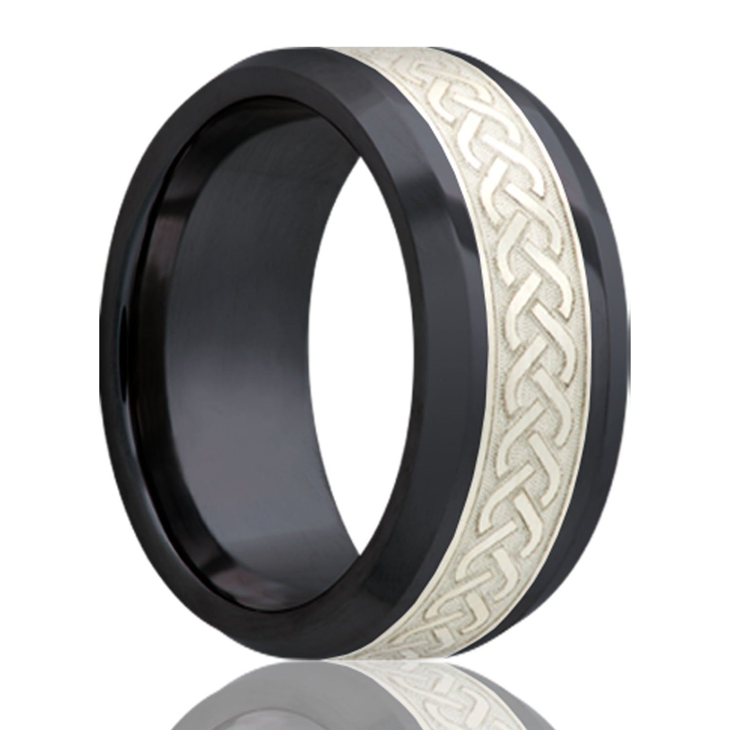A celtic knot silver inlay zirconium wedding band with beveled edges displayed on a neutral white background.