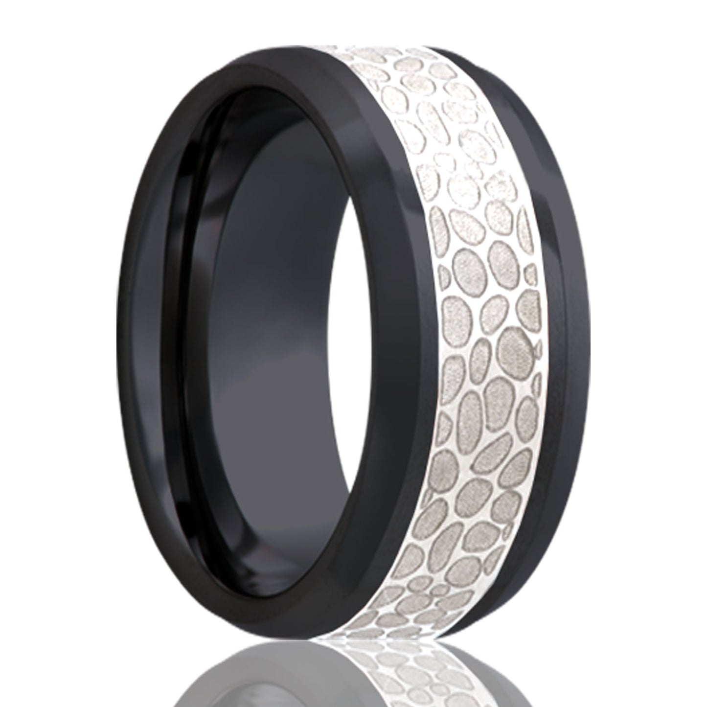 A hammered silver inlay zirconium wedding band with beveled edges displayed on a neutral white background.