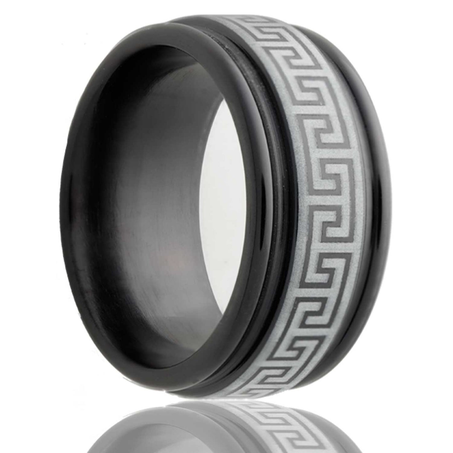 A greek key grooved zirconium wedding band displayed on a neutral white background.