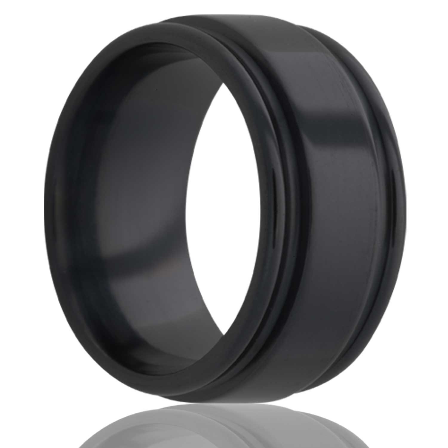 A zirconium wedding band with grooved edges displayed on a neutral white background.