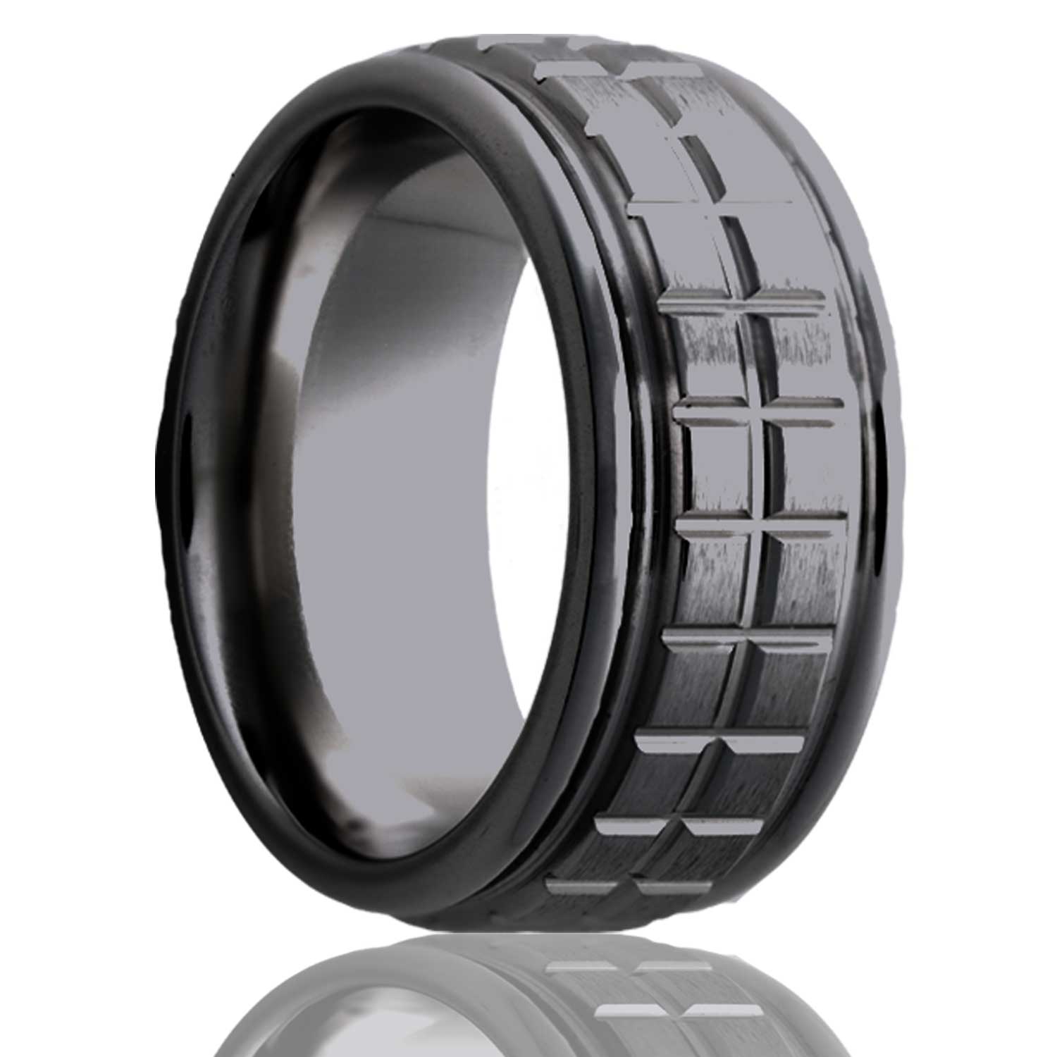 A grooved check pattern satin finish grooved zirconium men's wedding band displayed on a neutral white background.