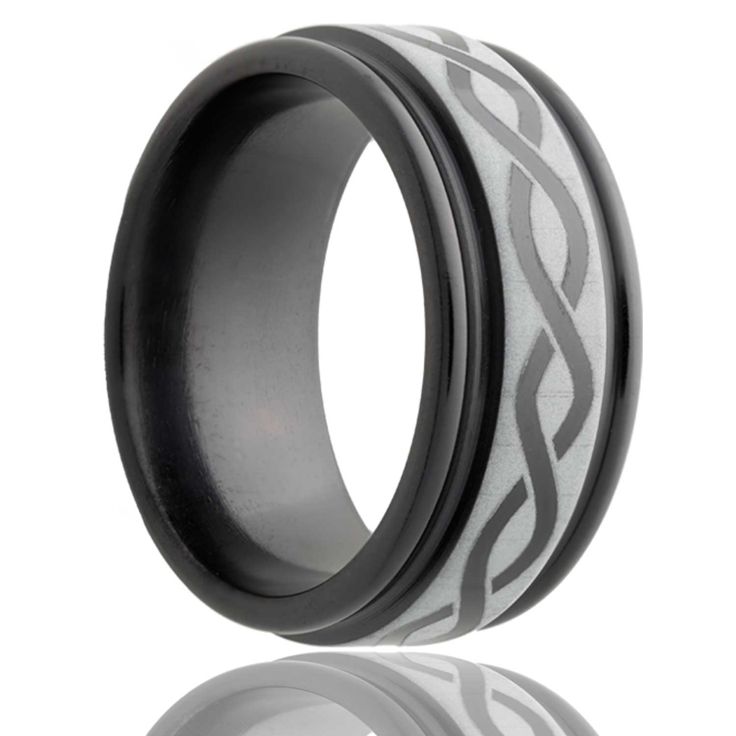 A infinity waves grooved zirconium wedding band displayed on a neutral white background.