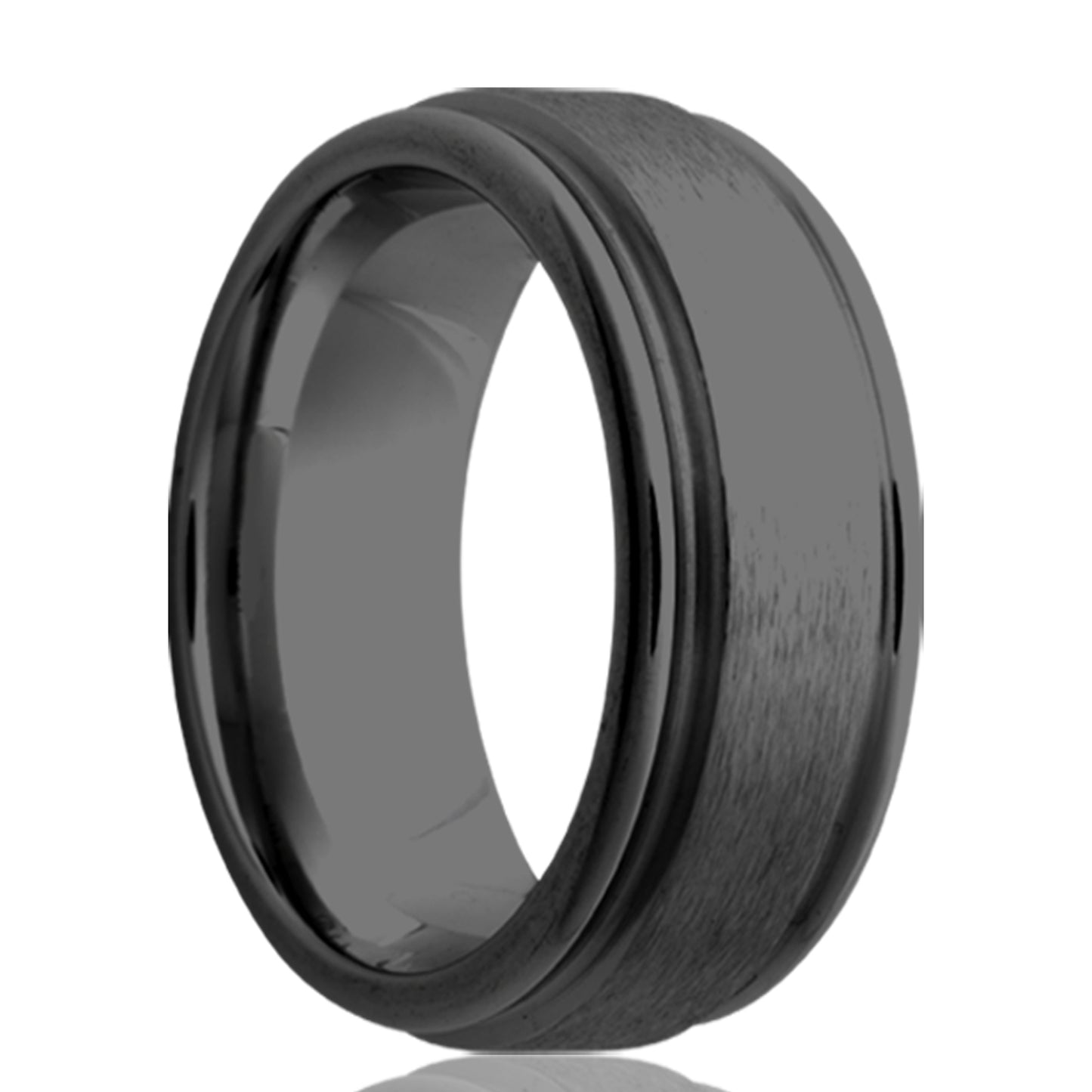 A satin finish zirconium wedding band with grooved edges displayed on a neutral white background.