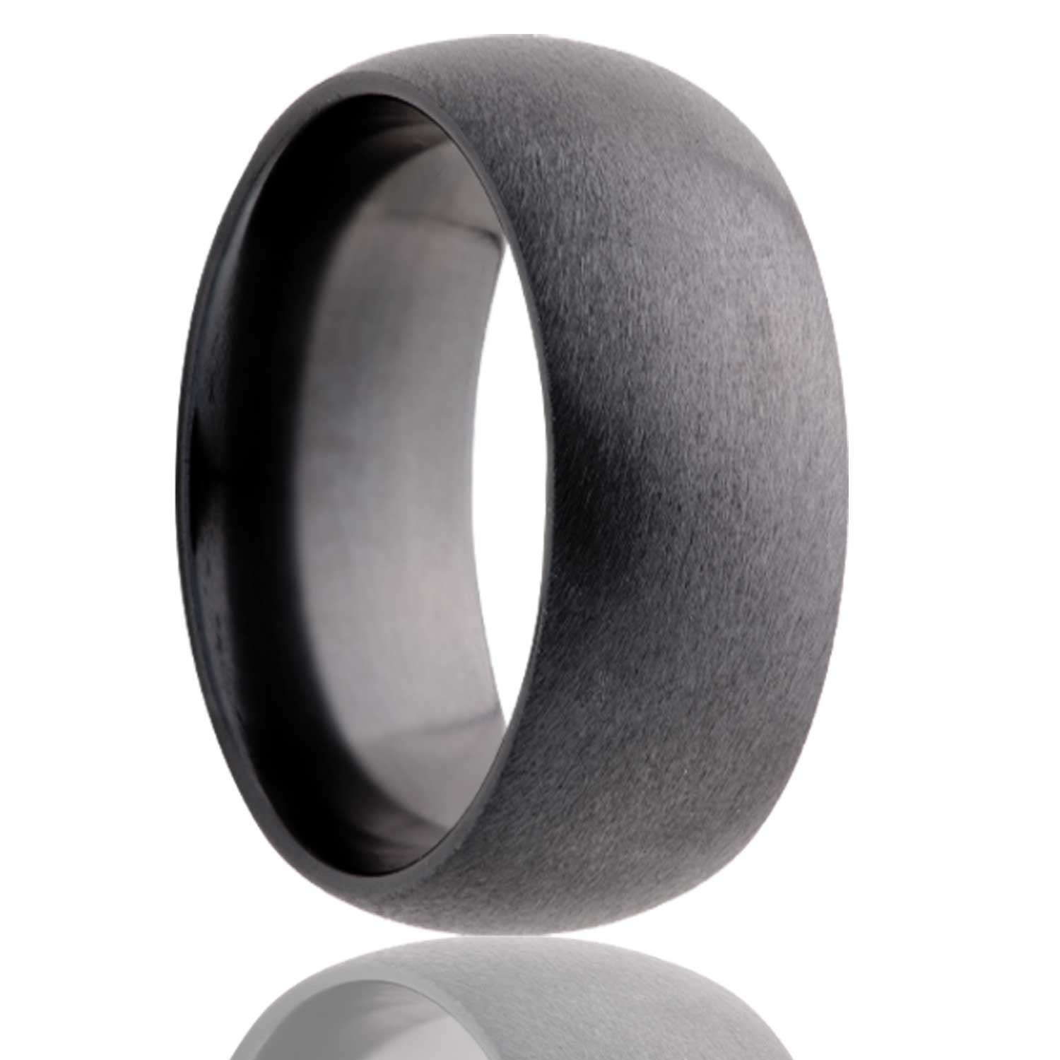 A domed satin finish wedding band displayed on a neutral white background.