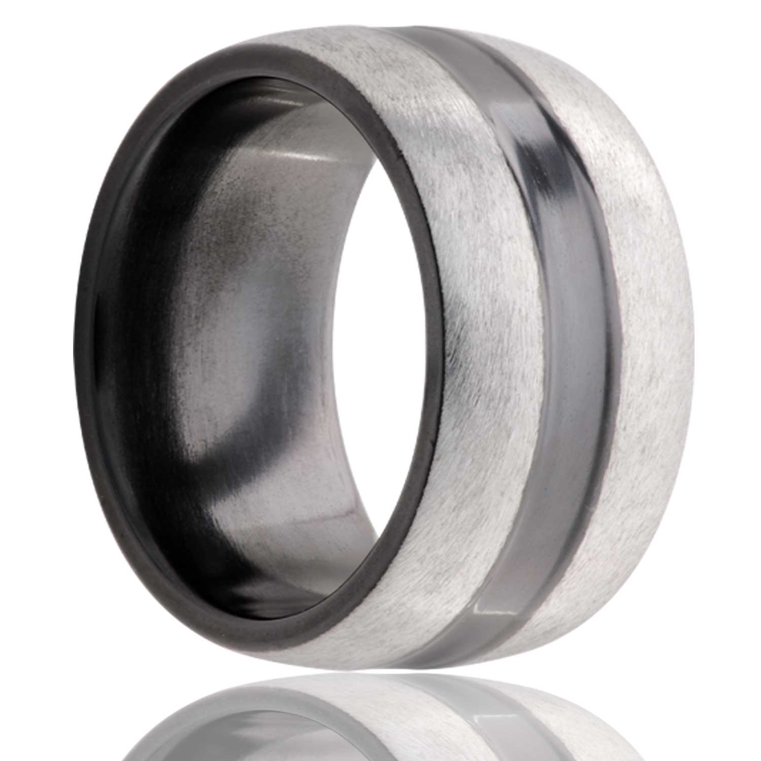 A grooved domed satin finish zirconium wedding band displayed on a neutral white background.