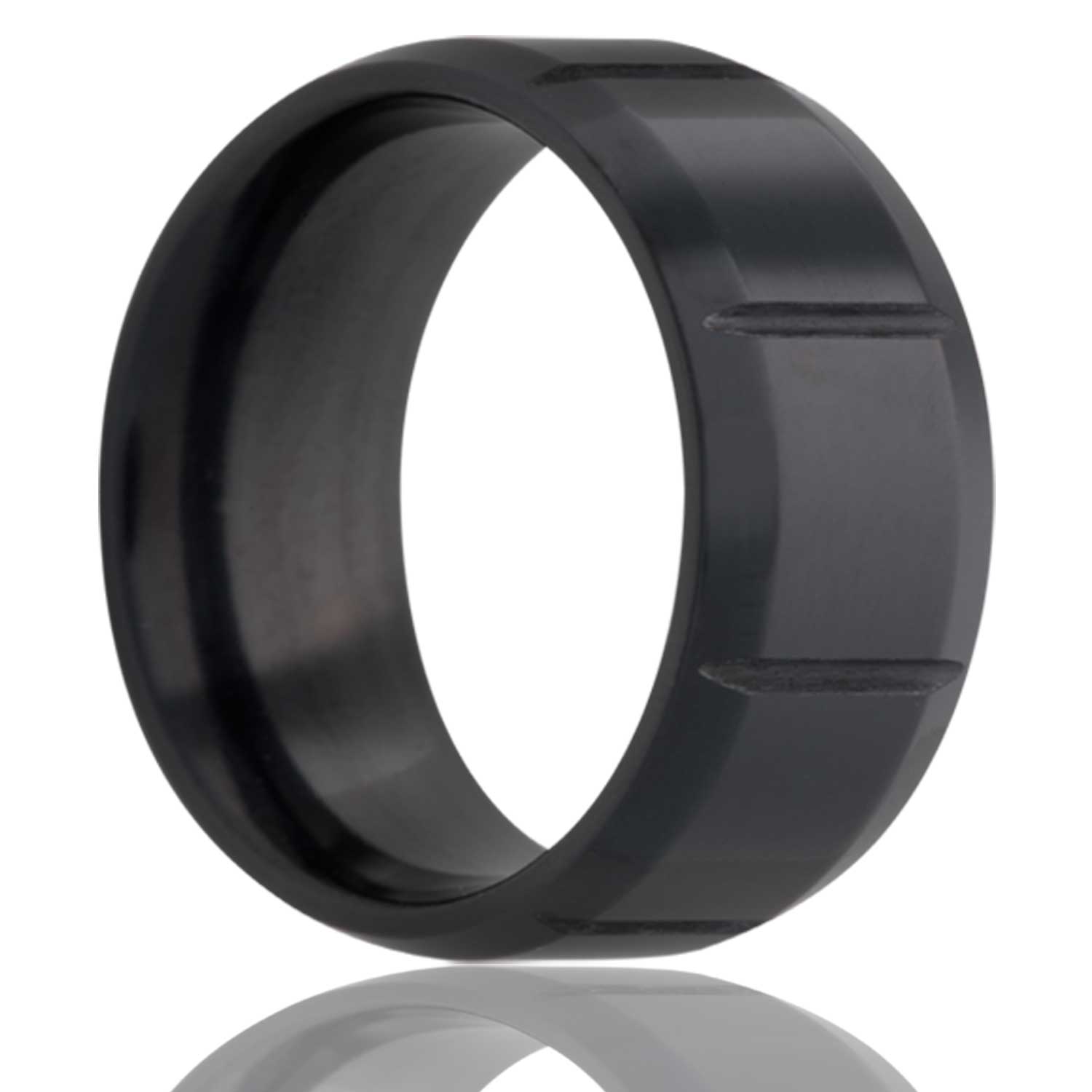 A vertical grooved zirconium wedding band displayed on a neutral white background.
