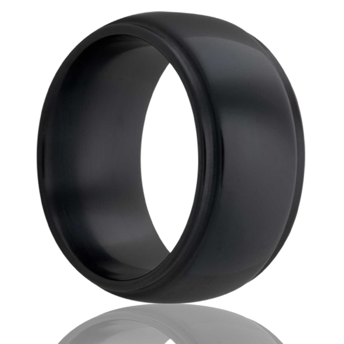 A domed zirconium wedding band with stepped edges displayed on a neutral white background.
