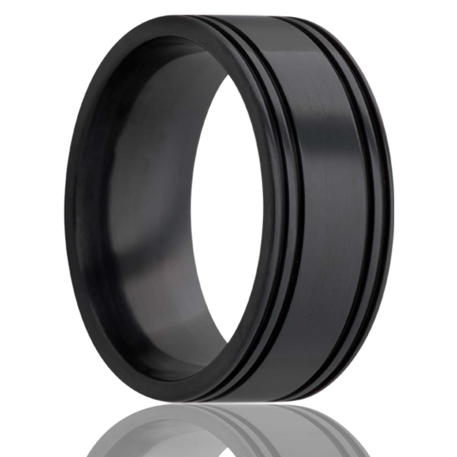 A grooved zirconium wedding band displayed on a neutral white background.