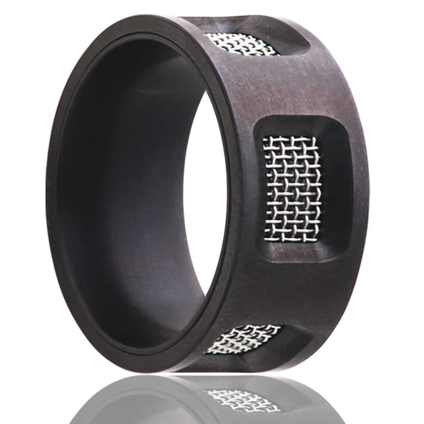 A zirconium men's wedding band with mesh inlays displayed on a neutral white background.