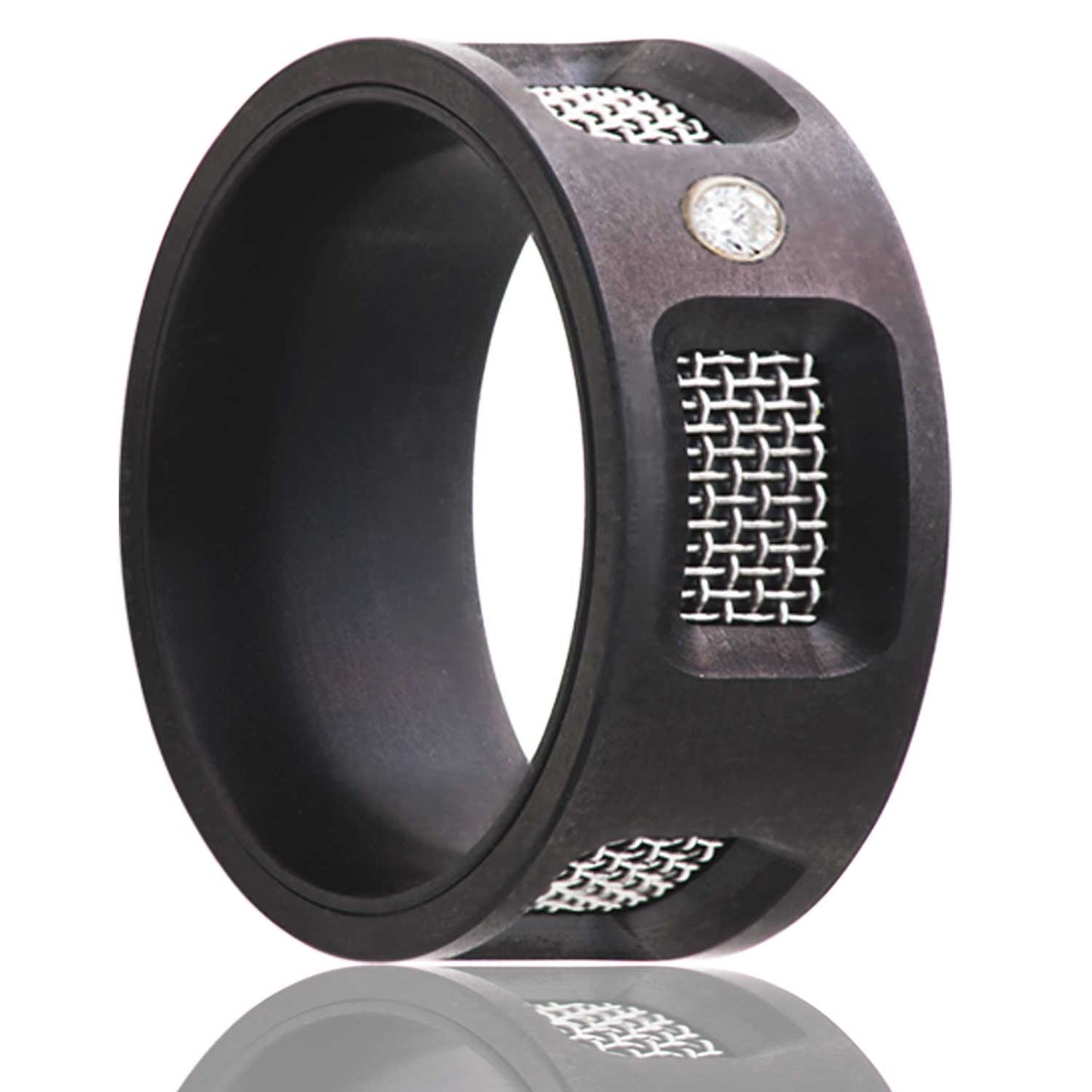 A zirconium men's wedding band with mesh inlays & diamond displayed on a neutral white background.