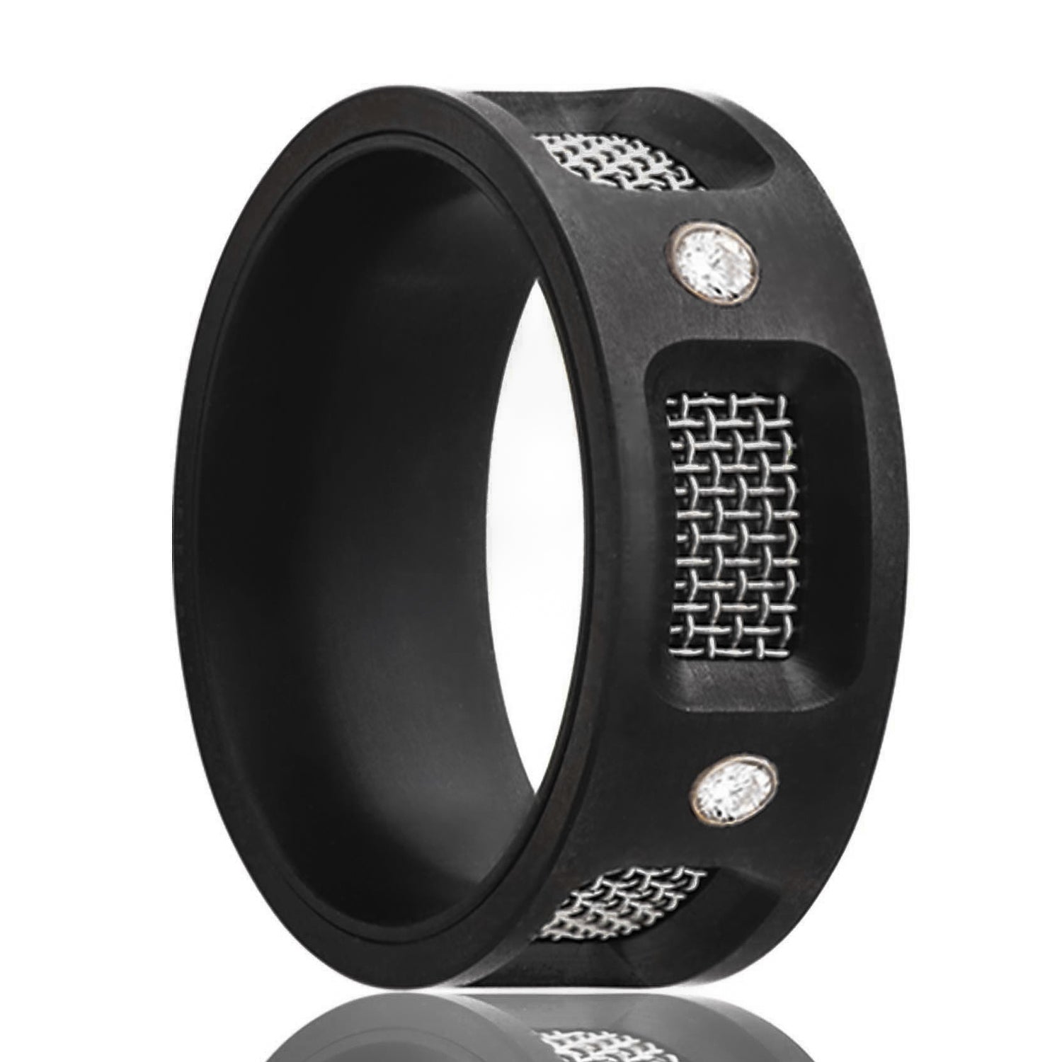 A mesh inlay zirconium men's men's wedding band with diamonds displayed on a neutral white background.